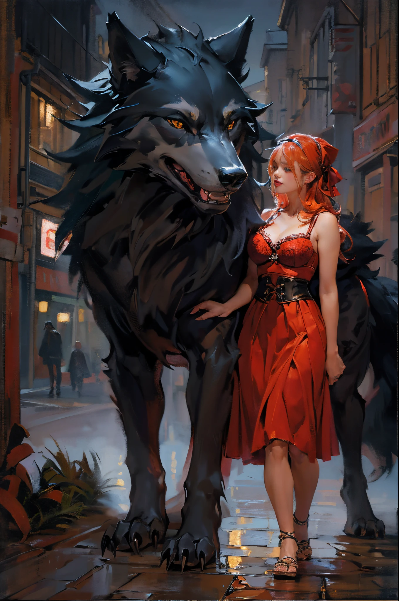 Depicts a powerful werewolf hugging a blonde girl,(((black humanoid wolf))),(((Black furry humanoid wolf))),(((beautiful sexy girl))),(((Girls wear:red head band, cloaks, Large bra, a skirt, red long skirt,laced dress))),((Sexual suggestiveness)),Correct anatomy,Detailed faces, 詳細な目,(((the right proportions))),The city at night,The lights came on,(post impressionist),(Fechin Oil Painting - Fechin Oil Painting , oil painted), 03