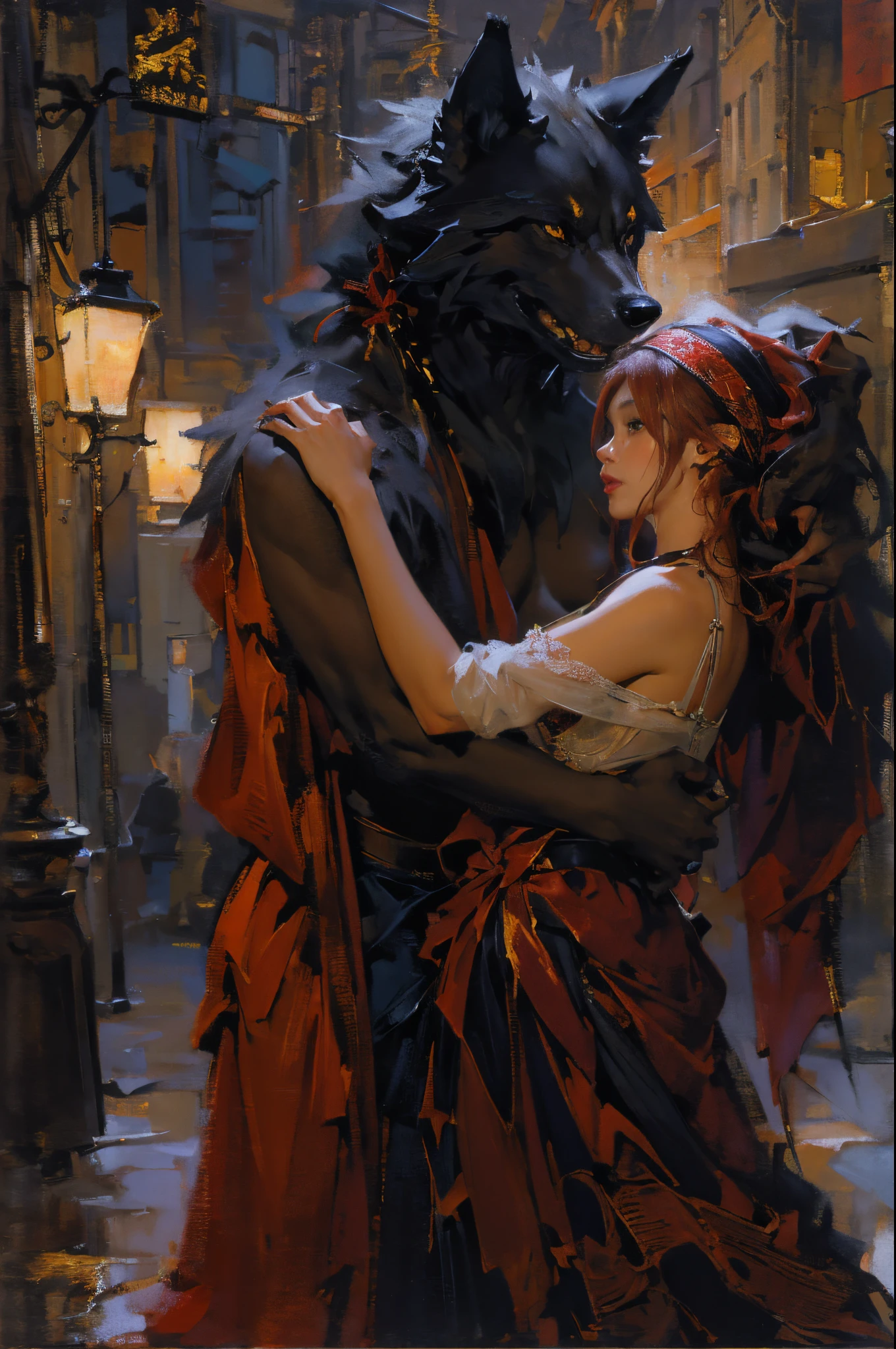 Depicts a powerful werewolf hugging a blonde girl，(((black humanoid wolf)))，(((Black furry humanoid wolf)))，(((beautiful sexy girl)))，(((Girls wear：red head band, cloaks, Large bra, a skirt, red long skirt，laced dress)))，((Sexual suggestiveness))，Correct anatomy，Detailed faces, 詳細な目，(((the right proportions)))，The city at night，The lights came on，romantic love story，Warm pictures，Warm color palette，(post impressionist),(Fechin Oil Painting - Fechin Oil Painting , oil painted), 000