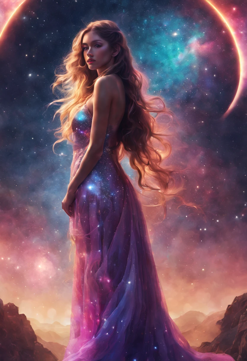 (best quality,4k,8k,highres,masterpiece:1.2),ultra-detailed,(realistic,photorealistic,photo-realistic:1.37),space,beautiful girl,cosmic background,gazing at the stars,elegant posture,floating gracefully,glowing ethereal beauty,long flowing hair, luminous eyes,delicate features,sparkling lips,celestial atmosphere,stellar dust,purple nebulae,shimmering constellations,transcendent colors,futuristic,galactic wonder,peaceful serenity,surreal landscape,sublime artistry,captivating allure,cosmic energy,awe-inspiring,cosmic exploration,luminous radiance,interstellar journey,timeless beauty,celestial harmony,divine connection,deep space adventure,mystical aura,ethereal glow,mesmerizing beauty,universe's embrace,limitless possibilities,hopeful optimism.