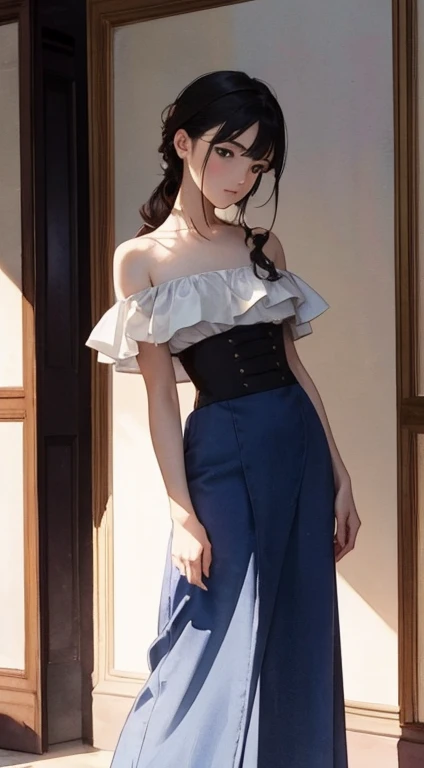 (Watercolor in Sargent style)、(top-quality、​masterpiece)、Soft light、1人、exposed shoulder、full body Esbian、