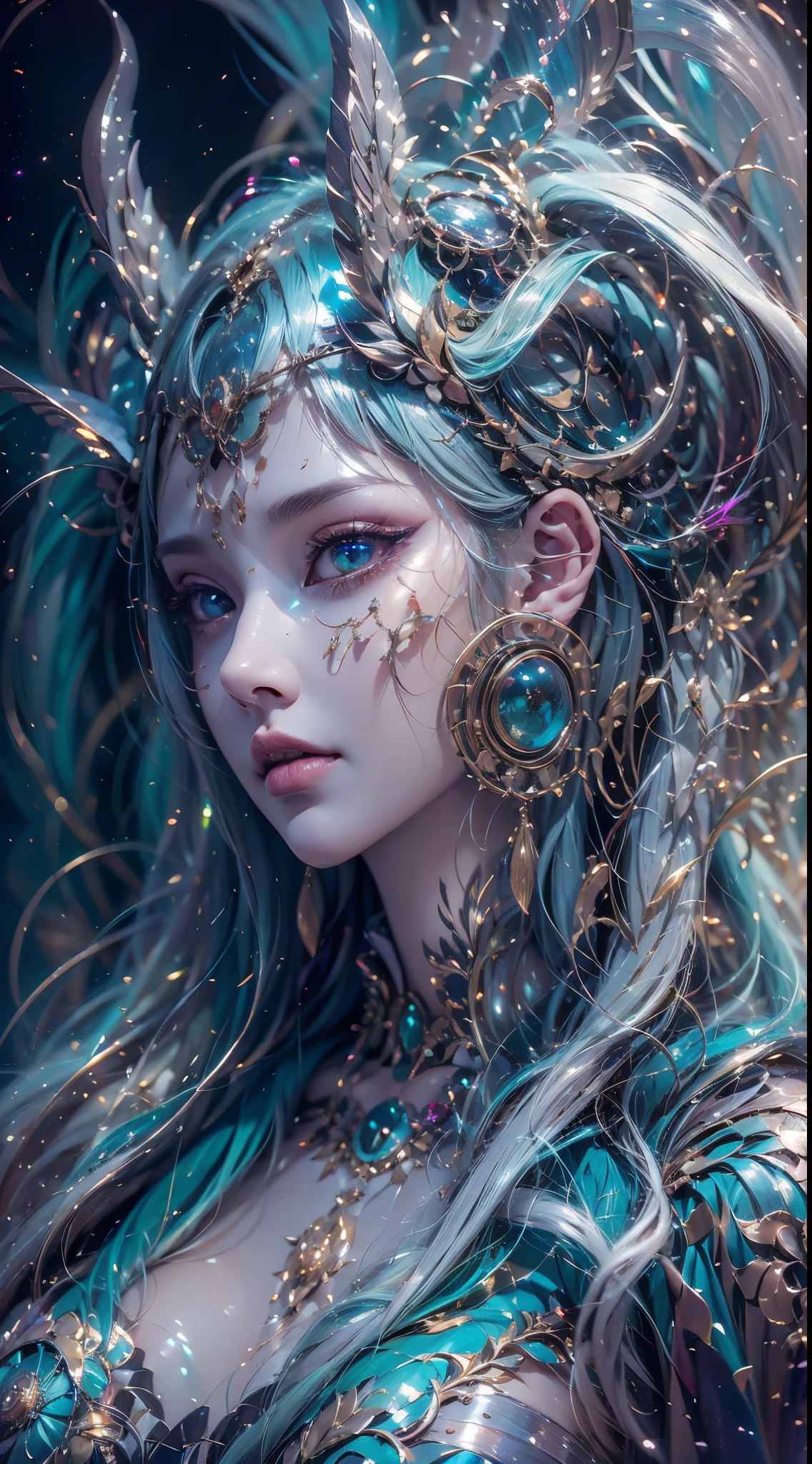 （Best quality，ultra - detailed，Best Best Illustration，The best shadow，tmasterpiece，A high resolution，professionalartwork，famousartwork），Sky blue picture style，A detailed eye，beautidful eyes，Close-up cleavage，sci-fy，colored sclera，Robot eyes，face markings，Tattoos are，（fractal，Fractal eyes），largeeyes，largeeyes，（Eye focus），surface focus，the eye of the universe，Space Eye，Close up of metal sculpture of woman with moon in her hair，welcoming。extremly high detail，3d goddess portrait，The goddess is extremely rich in details，a stunning portrait of a goddess，Goddess side face avatar，Portrait of a beautiful goddess，Goddess full body close-up，goddess hecate，portrait of a norse moon goddess，goddess of space and time，Pure love face_v1，Urzang-6500-V1 version.1，