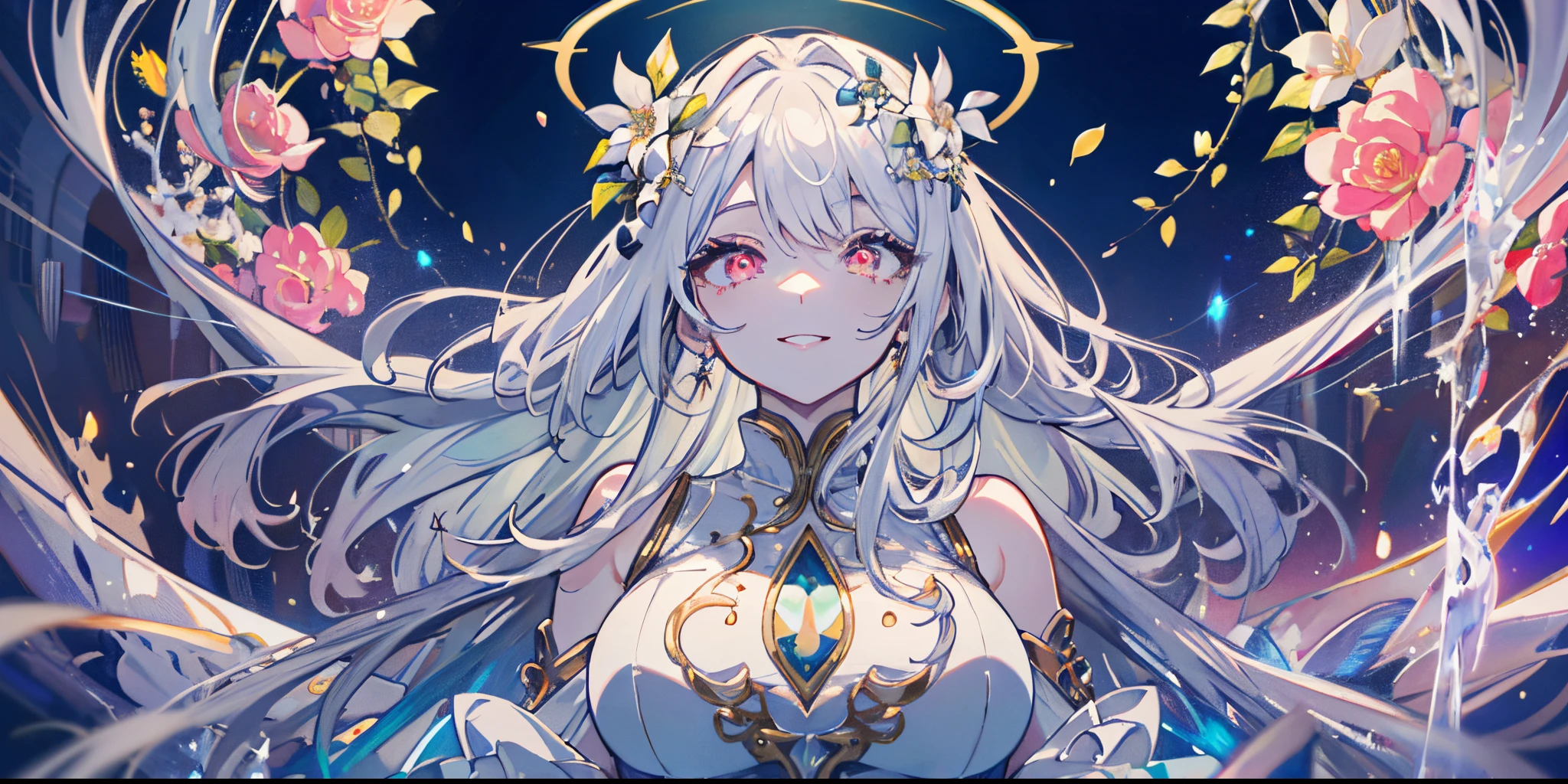 (Masterwork), (Best Quality), (4k), (Incredibly detailed CG illustration masterpiece), best quality, ultra-detailed, high resolution, extremely detailed cg, anime picture, unity 8k wallpaper, pov, (thick thighs), White Hair, Red Eyes, 1 girl, Pale Skin, Two-Tone Hair, Eyelashes, Smile, Gleaming Skin, Shiny Hair, Long Hair, Night Sky, Nebula, Galaxy, looking at you, anime, beautiful anime eyes, beautiful detailed eyes, eyes, glittering eyes, perfect body, perfect lips, perfect nose, perfect eyes, Neon, Neon Lights, Bright Colors, Angelic, Halo, Detailed Dress, Bridal Wear, Flowers, Headpiece, Fantasy