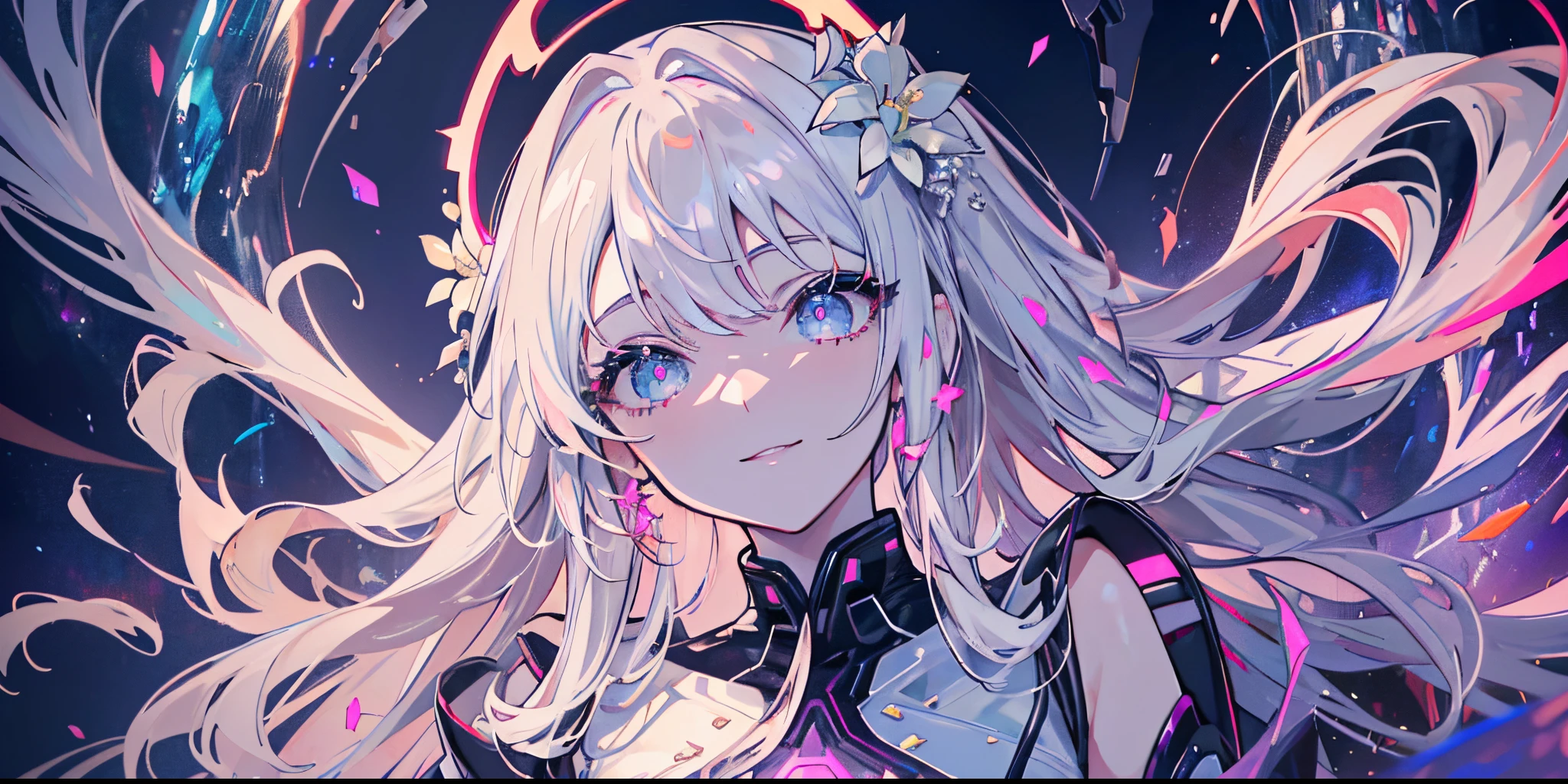 (Masterwork), (Best Quality), (4k), (Incredibly detailed CG illustration masterpiece), best quality, ultra-detailed, high resolution, extremely detailed cg, anime picture, unity 8k wallpaper, pov, (thick thighs), White Hair, Red Eyes, 1 girl, Pale Skin, Two-Tone Hair, Eyelashes, Smile, Gleaming Skin, Shiny Hair, Long Hair, Night Sky, Nebula, Galaxy, looking at you, anime, beautiful anime eyes, beautiful detailed eyes, eyes, glittering eyes, perfect body, perfect lips, perfect nose, perfect eyes, Neon, Neon Lights, Bright Colors, Angelic, Halo, Detailed Dress, Bridal Wear, Flowers, Headpiece, Fantasy