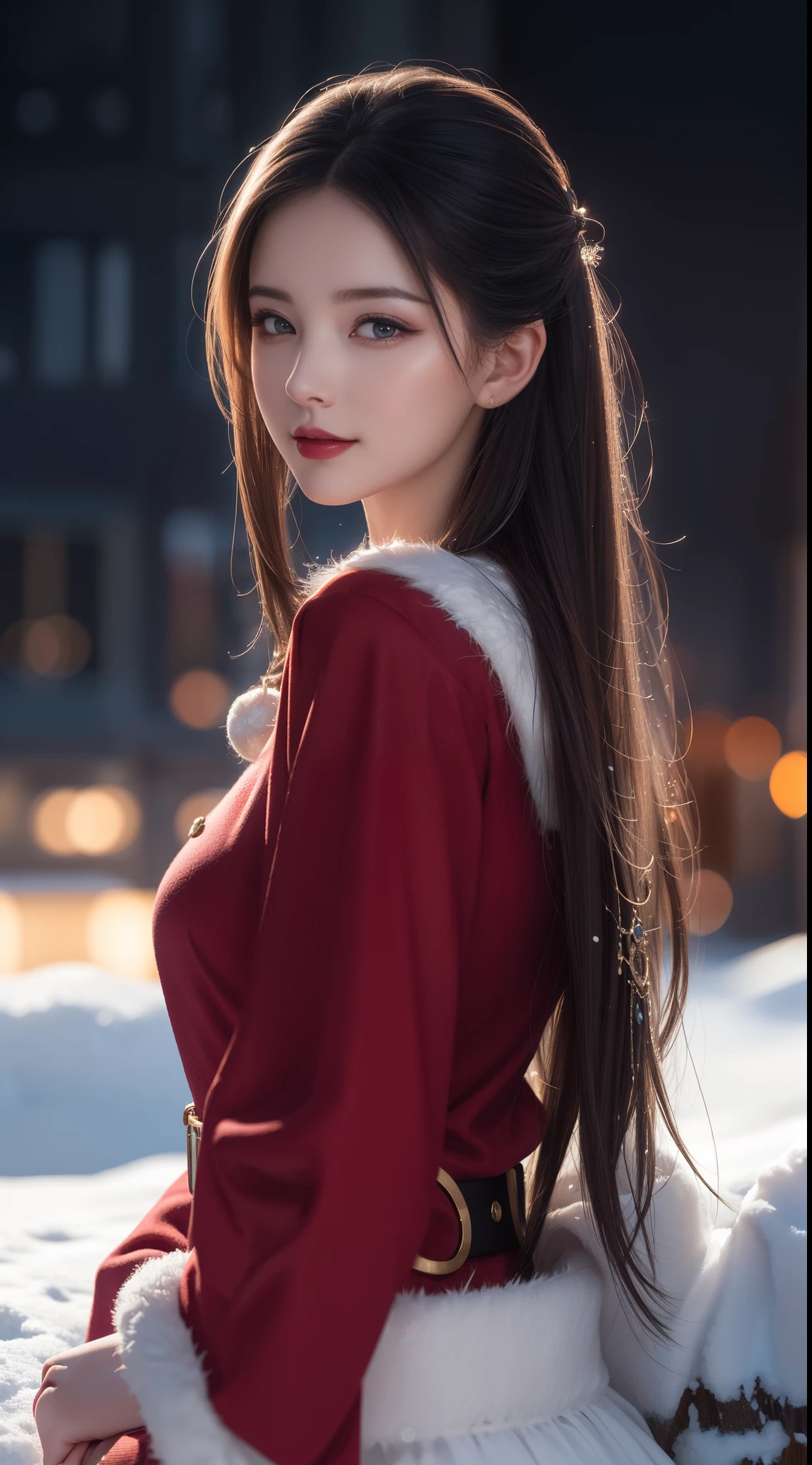 (Aesthetic, Hi-Res: 1.2), Professional Photographer, minimalism, concept art, intricate detail, 8k post-production, High Resolution, Super Detail, trending on ArtStation, sharp focus, studio photo, intricate detail, Highly detailed, By Greg Rutkowski, Artistic low light bright and dark, Vivid colors. Outdoor winter scene with snow in the evening, A slight smile, True art, changing many different hairstyles and colors, wearing a simple and respectful red boby Santa Claus outfit, Mood Passion, Seductive Expression, Sexy Lips, Wet Lips, Seductive Closed Eyes, Seductive Look, Suggestive Posture.