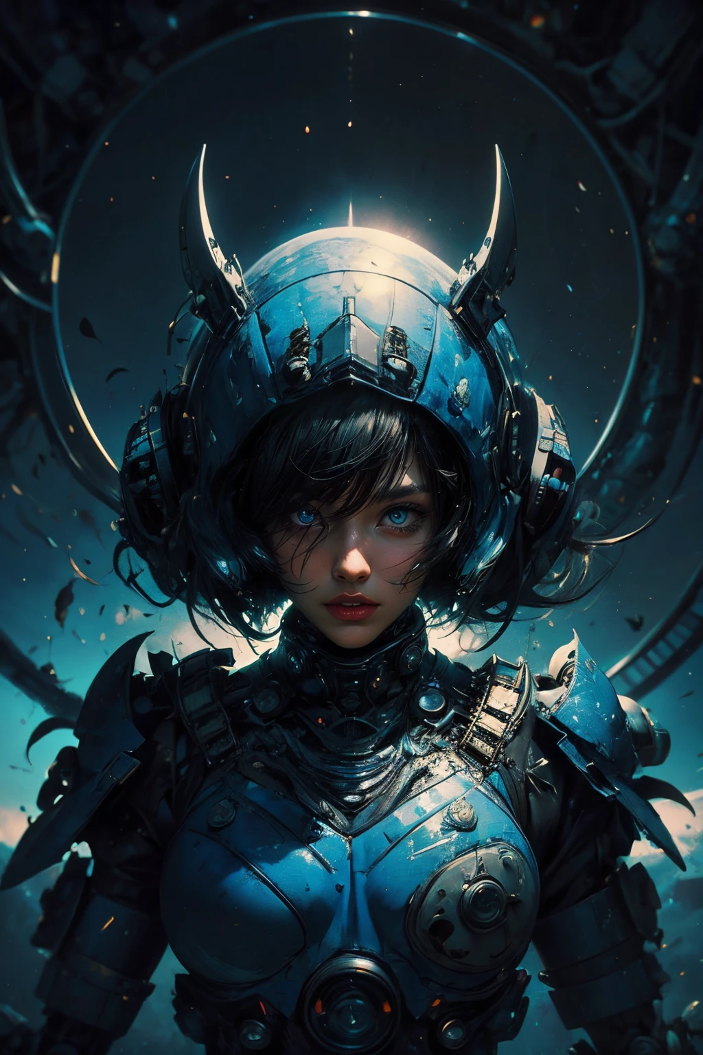 CG Mecha, Beautiful eyes, ((Two people))、Upper body, (Mechanic Armor)、40MMPhotographed with a lens, Portrait,jet suit、flying though the air、patrol、 police officers、flawless、Neon light, 8K, raw, Best Quality, masutepiece, 超A high resolution, Colorful, (medium wide shot), (Dynamic perspective), foco nítido , (depth of fields, Bokeh:1.3), extremely detailed eye and face,ninjartist, Beautiful detailed eyes、Black gold, Trimmed gear:1.2), ((masutepiece, Best Quality)), Detailed background, Inside the spacecraft、Hold your weapon、(Gray hair)、brue eyes、poneyTail、bio luminescent、Crescent、Fantasia,masterpiece,connected to the plug、spectrum、Large robots、Kaleidoscope、detailed gear、Dark imagery