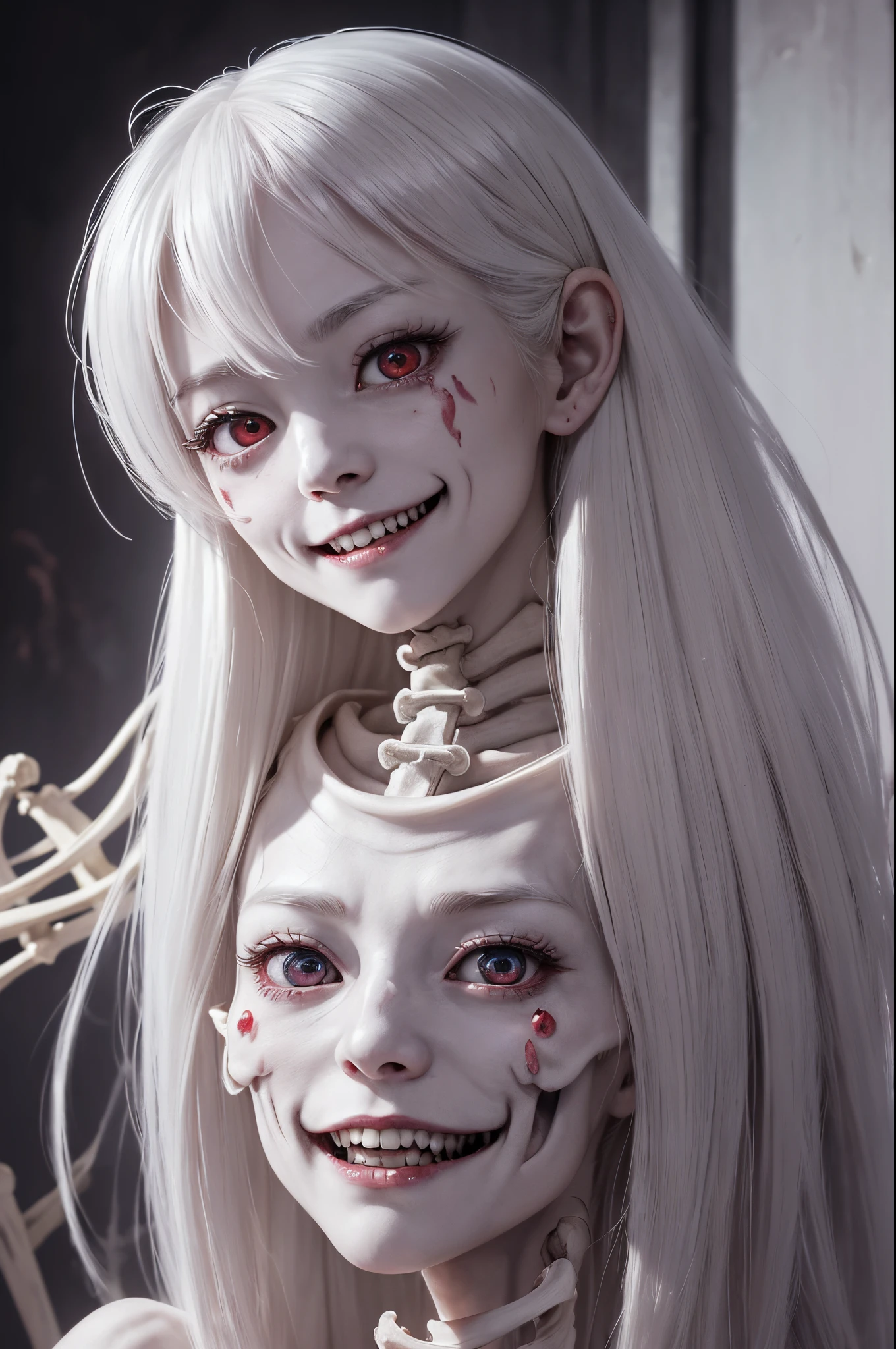 NSFW、blacklight、Real Art、extremely delicate and beautiful、ultra-detailliert、1girl、White hair、Vampires、yandere、macabre smile、(((eldritch horror、skeleton、Exposed bones、bleeding、undead、corrupt、torn flesh、bloods、bleed、eery、terrifying、The Monster、Move ki、Maniacal))Shining dark red eyes、Planktonic、Detailed light、illustratio、dynamic ungle、depth of fields、((((A MILF))))、short vampire girl、length hair、((White hair、Twin-tailed))、 red vampire eyes、Show me your fangs、pale skin、(超A high resolution、top-quality)、(8k、Raw photo、top-quality、masterpiece)、Technical sense、top-quality、masterpiece、illustratio、CG、unity、wall-paper、Official Art、astonishing、finely detail、extremely delicate and beautiful、ighly detailed、ighly detailed、Sharp focus、Rich background、(realperson、a picture)、((High detailed skin))、Spooky face、macabre smile、 a closeup、creepy pupils、Shadowed face、bags under eyes、Big smile、牙、Small pupils、creepy eyes、mad face、crazed smile、Constricted pupils、black sclera、Eldritch Abominable Girl