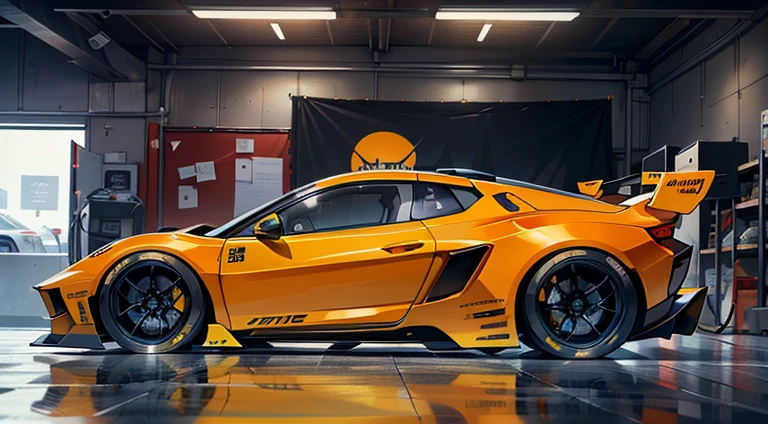 A ((Dakar yellow Supercar)), racing body styling, wide body look, racing suspension, quad racing exhaust system, ground shadows and reflections, trending on artstation, cgsociety, subsurface scattering, ray tracing, CGI, shot with a canon cine prime wide angle lens, visually captivating unreal engine, octane render, masterpiece, 3DS max, maya render, corona, immaculate detail, racing spec, HDR light studio, use careful studio lighting techniques that capture the rush and sheer adrenaline of the scene in crisp detail. epic composition, inspired by Forza Horizon 5 and gran turismo, 4k, sponsor decals, a machine built for the absolute need for speed. Inside by Lamborghini and Bugatti, sensational, wow factor, unveiling in showroom, minimalist lighting accentuates the brutal machine, world class CGI with intelligent design and innovation, dark futuristic and brutalist, wallpaper