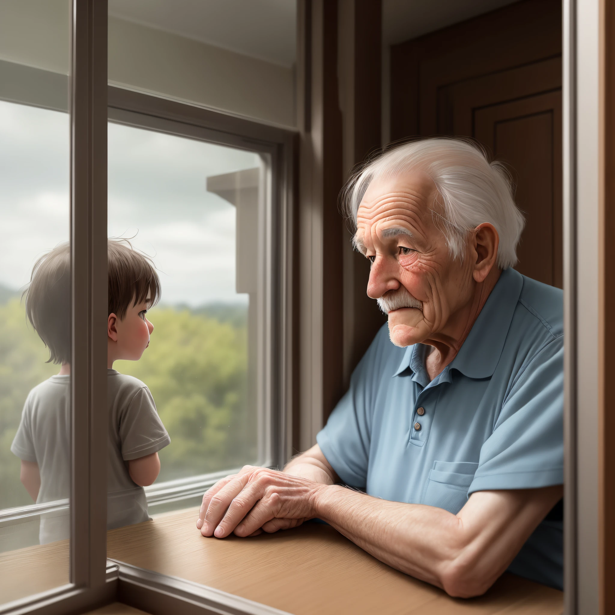 An old man looked out the window at the noisy children