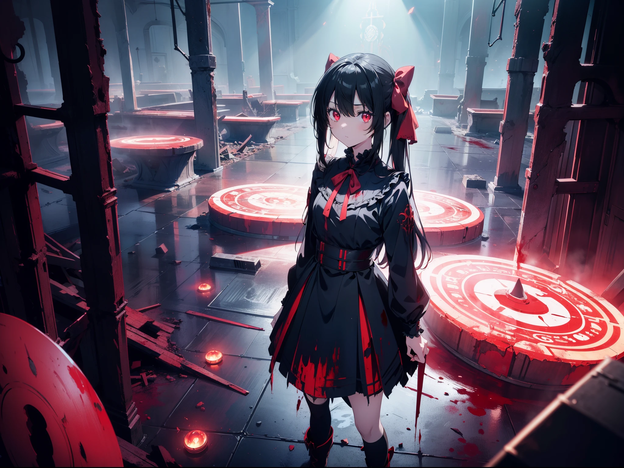 1 loli girl , (standing behind double red magic circle), in ruins , floating hair, floating skirt, ((blood sea)), character focus ,((dark lighting)), cinematic lighting ,(darkness), (concept art), (rape face) ,black long straight hair, black hair, hair ribbon , red eyes,black dress, (glowing eyes), high resolution,(incredibly absurdres) ,extremely detailed CG unity 8k wallpaper, ((masterpiece)), ((top-quality)), (beautiful illustration), ((an extremely delicate and beautiful))