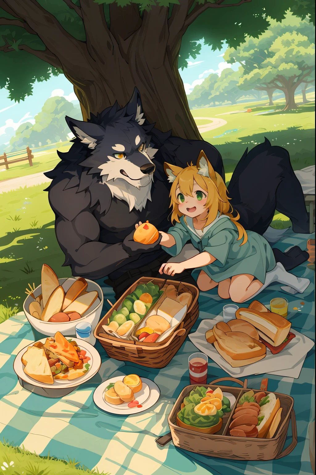 cover page, anime key visual, highres, top quality, best quality, paid reward available, High-quality illustrations, unparalleled masterpiece, perfect artwork, absurdres(heartwarming family picnic scene)(in lush green park)(kemono werewolf family with two parents of diverse descents and a child)perfect anatomy, sitting on a colorful blanket, parents smiling and taking out food from a picnic basket, child reaching for sandwich, cheerful and relaxed atmosphere, bright sunny day, trees in the background, fan-created work shared on platforms Pixiv or Twitter, cinematic lighting, dynamic angle,