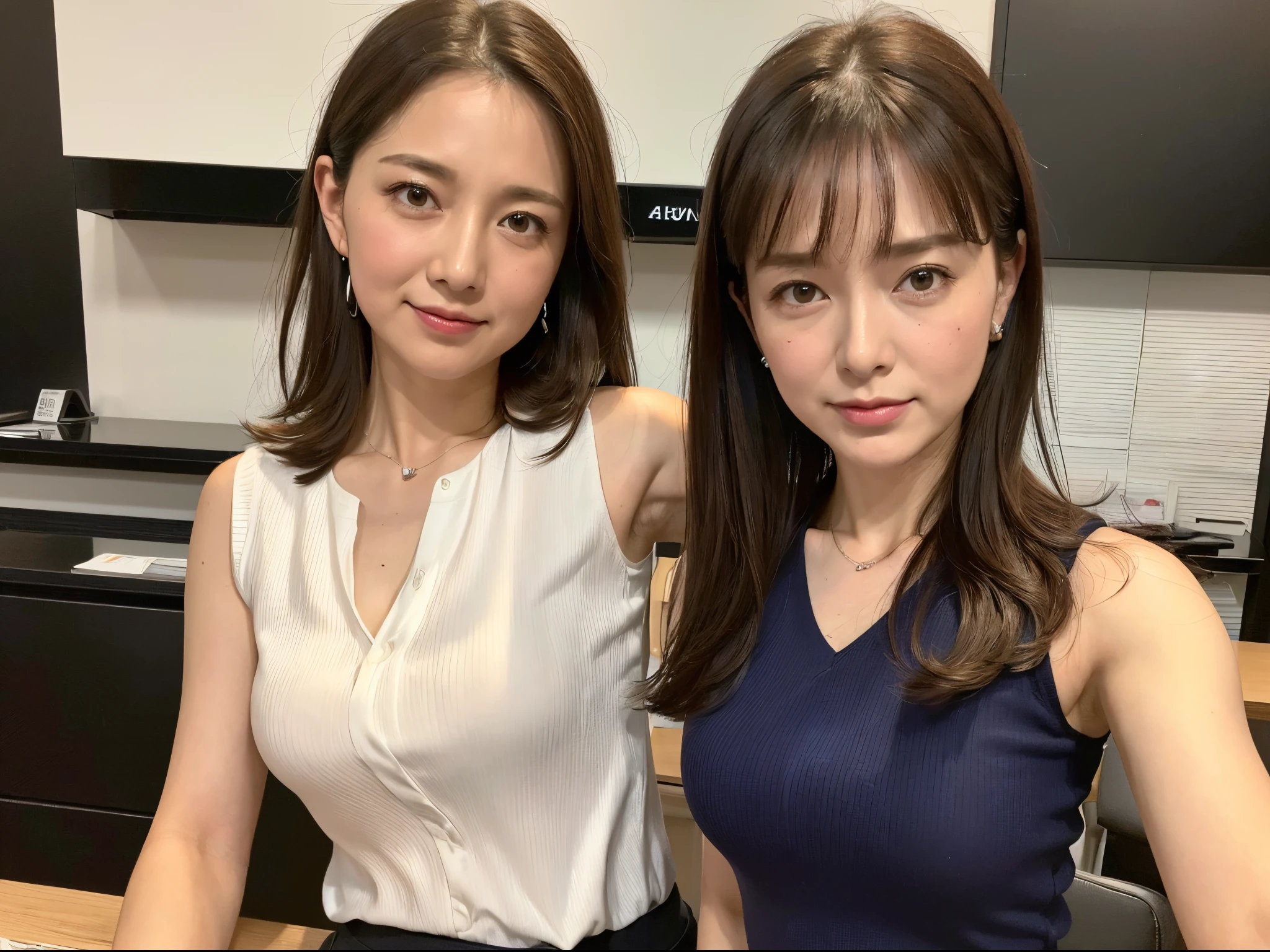 Highest quality, (Hair is semi-long), (tight black suit jacket), (Tight black suit skirt),(White satin camisole), (Glossy white camisole), Laughter:0.25, Fascinating face:0.5, Her hair is brown, almost black., Beautiful Japanese Women, (30 years old:0.5), (Age 35:0.75), Dark eyeliner, (Super sexy:1), Slightly muscular, (Small breasts), (From head to thighs), Top Rank, (An office with many computers),(IT company office), (Evening view of skyscrapers)