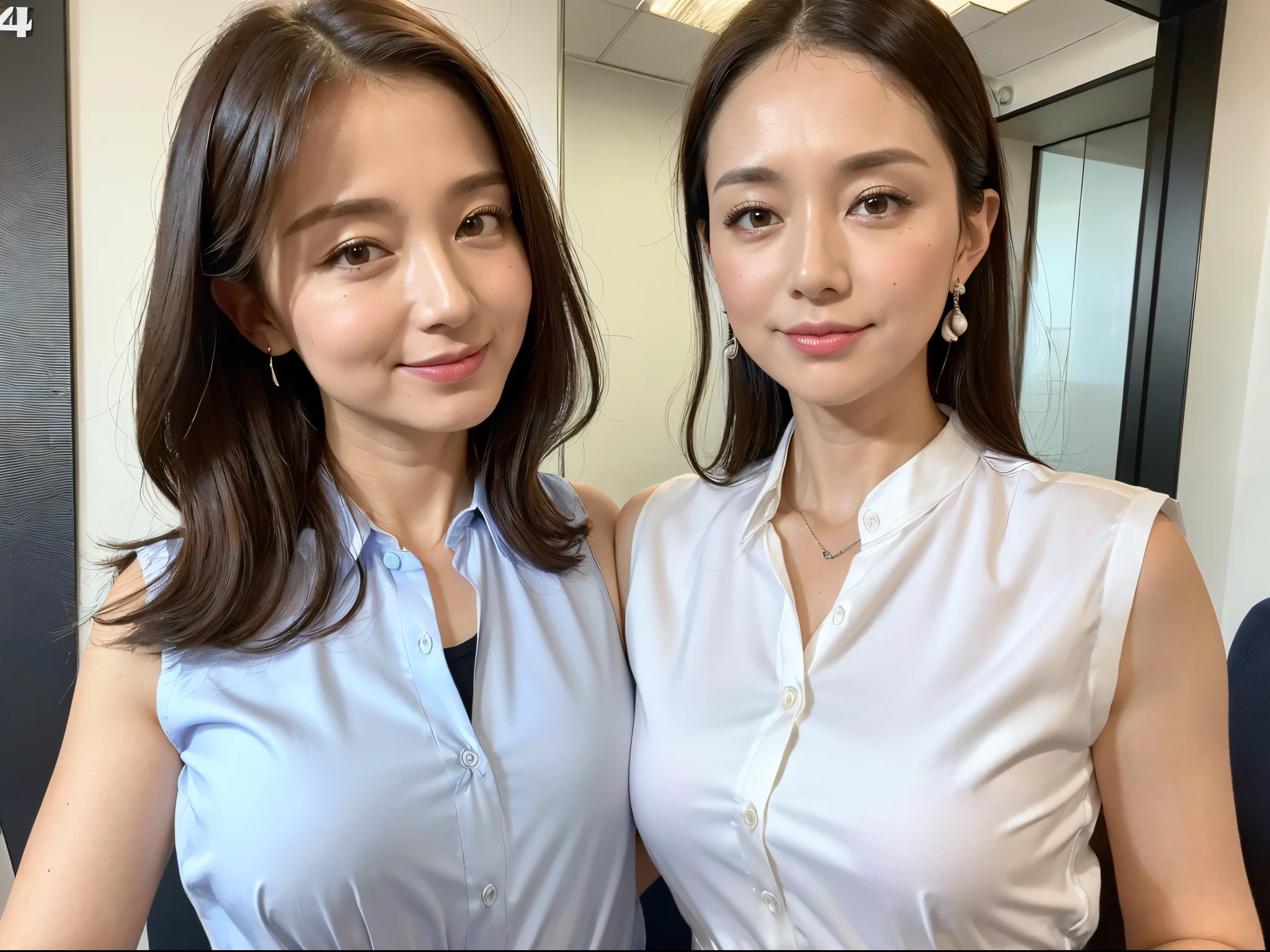(Best Picture Quality, 4K, High Quality, Masterpiece:1.2), ((Masterpiece)), High Detail, High Quality, (HDR,16k, RAW Beautiful Girl Portrait, Best Picture Quality, Masterpiece:1.2), (Ultra-Definition Illustration), office, sleeveless tight sexy business shirt, extremely beautiful, (40years old:1.4), armpits,