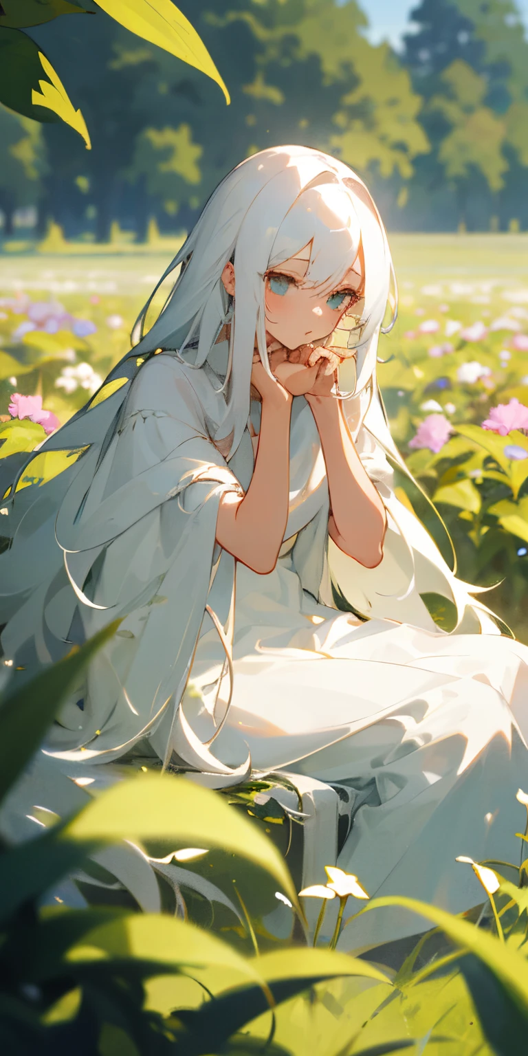 (masterpiece, best quality),1girl with long white hair sitting in a field of green plants and flowers, her hand under her chin, warm lighting, white dress, blurry foreground, undressed