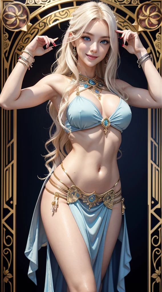 A 23-year-old white woman with unparalleled beauty.、blue eyess、platinum-blonde、White skin、hair is wavy、Longhaire、The ends of the hair are curled upwards、a smile、View from the front、wearing a sexy belly dance dress、dancing belly dance、Detailed art nouveau background、The navel is out、My abs are cracked、Slender yet well-proportioned muscular body、Photorealistic images、8K picture quality、I&#39;m punching my chest、I don&#39;t want my head to disappear from the screen.、Wearing accessories on your wrist、wearing red nail polish