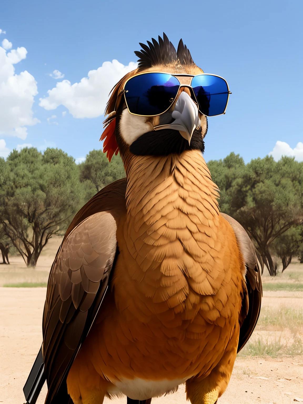 Portrait of a Badass Turkey with Sunglasses and two machine guns who looks like an action hero