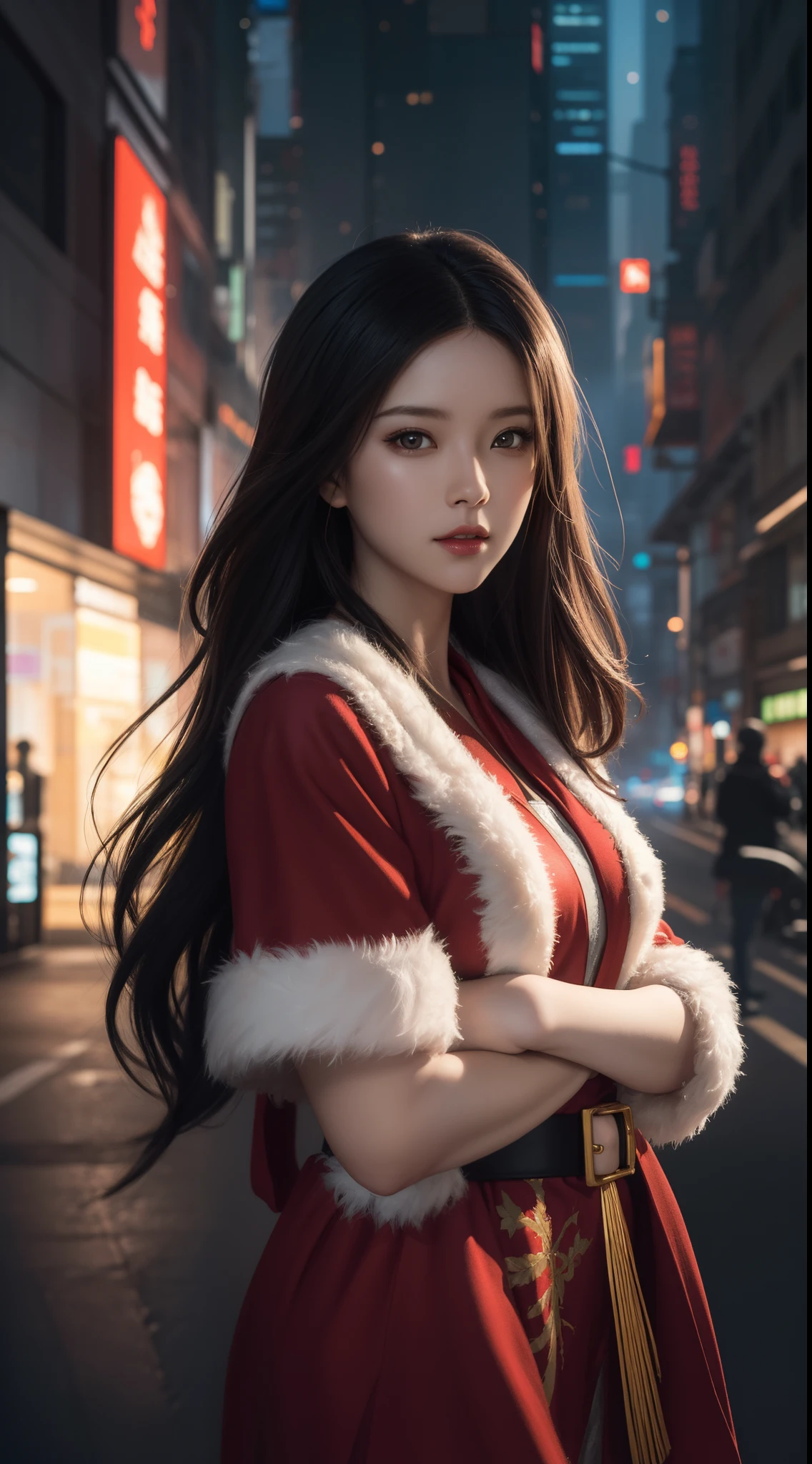 animetoreal,soft light, masterpiece, best quality,high quality,delicate face, realistic,photorealistic,1girl,,ahri(league_of_legends), 1girl, kitsune, kyuubi, deep purple hair,deep purple fox ears, long_hair,brown_eyes ,facial mark, whisker markings,white fox tail,kyuubi, large_breasts, long sleeves, magic, white multiple tails, off shoulder, sharp fingernails,(red_and_white_dress:1.2),,on a bench in a train,the sun set, city landscape over the window,,floating_clothes