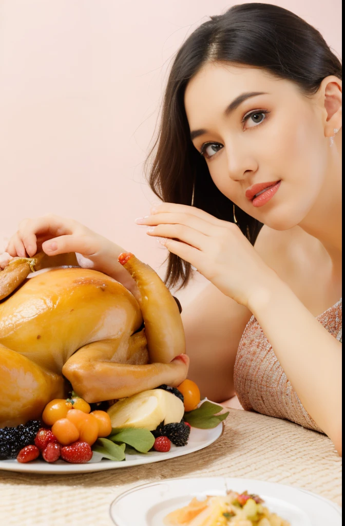 Beautiful lady at the table，Close-up of turkey and other thanksgiving foods on table, Roast turkey, vacation,  ( hyper realisitc, turkey, [ Photorealistic photos ], victorian thanksgiving feast, [ Greg Rutkoski ], Fashion model, Pure and beautiful， Surreal, vacation, Get ready，photore，4K Ultra HD, 超高分辨率, (realisticlying: 1.4), Best quality at best，tmasterpiece，（pastel colour：1.2）