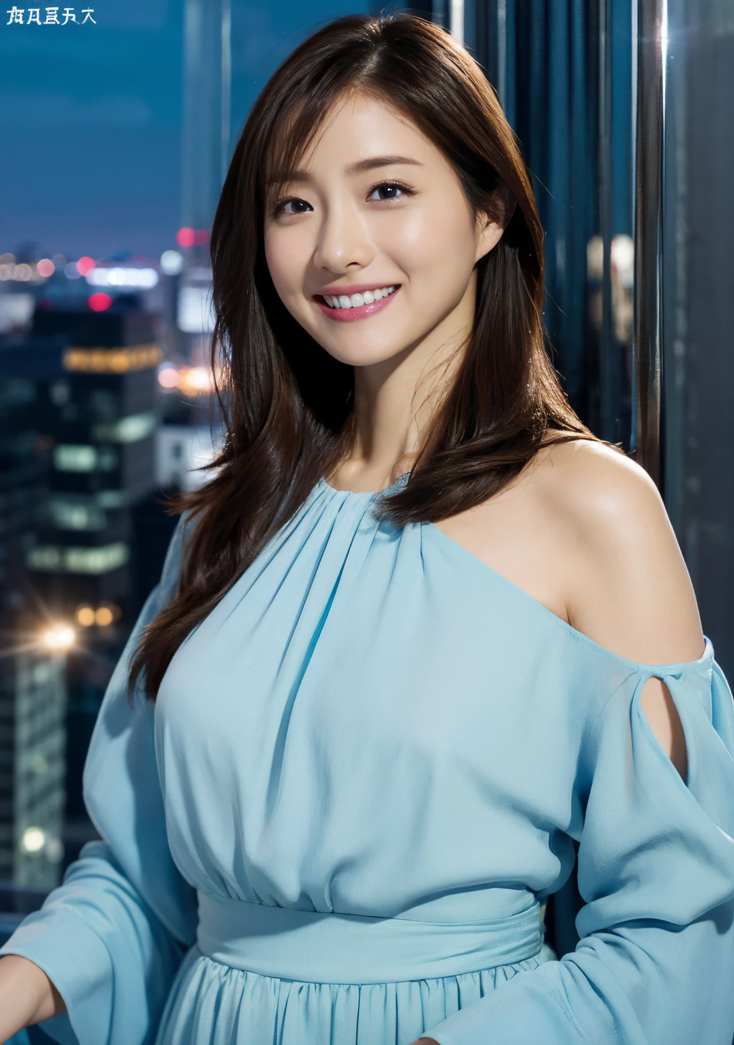 (best qualtiy,hyper HD, masutepiece,Super Detail),Goose egg face,largeeyes,long eyelasher,Exquisite(Live-action realistic style),Extremely beautiful face,Photorealistic light and shadow,Clear facial features,milky skin,Fair skin,Realistic skin details,Visible Pore,full body Esbian,Medium Hair,(Flowing hair),Luxurious space,NSFW:1.07、(Large natural breasted),Bangs,Big, slim figure, (Wear a simple dress), ((smiling at the viewer)), Blue eyes,Shot from a short distance,Luxurious dresses,a miniskirt,A sexy,(In a very luxurious room with glass walls),View overlooking Night City,Standing on the windowsill and smiling,((Let's see the beautiful night view together)),Too beautiful night view,Give your viewers a big smile