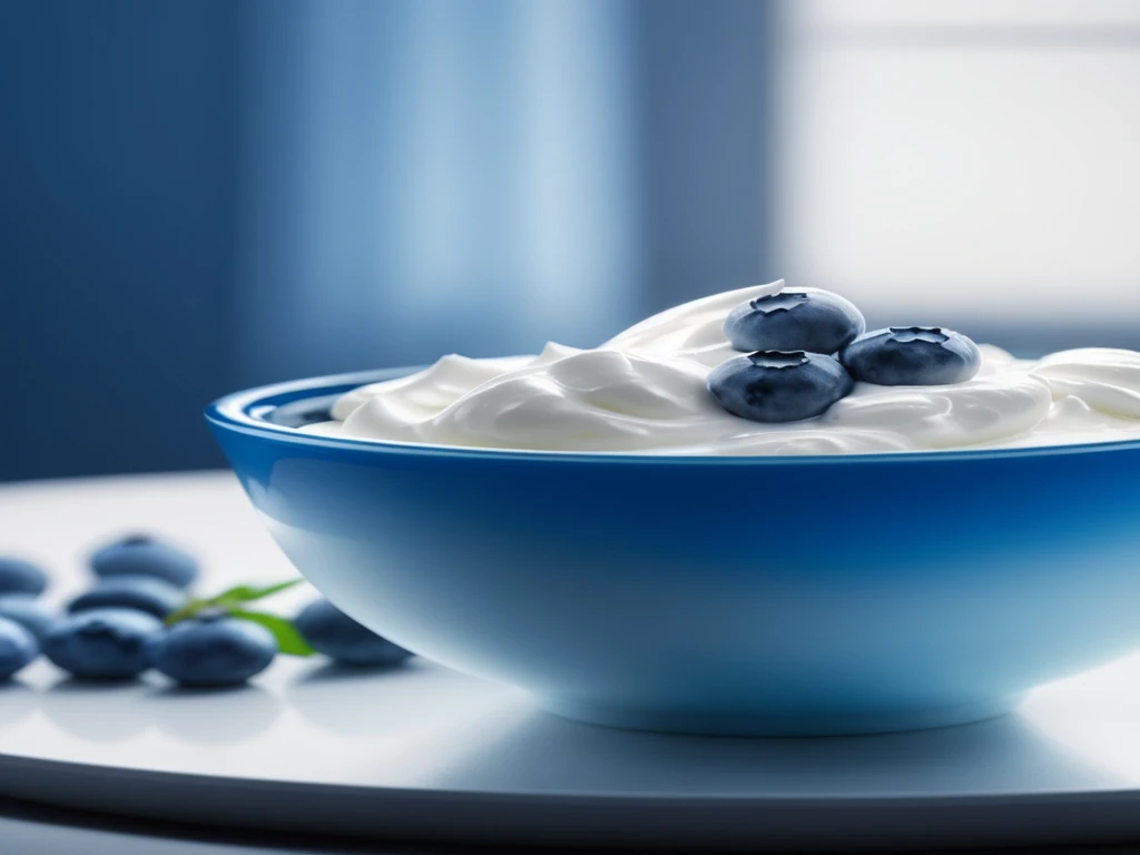 there is a bowl of yogurt with blueberries on a plate, yogurt, whipped cream, blueberry, blueberries on the side, white and blue, wearing a blue berries, milk, high quality topical render, blueberries, cream, by John Murdoch, clean render, by Juan O'Gorman, istock, blue! and white colors, blue and white