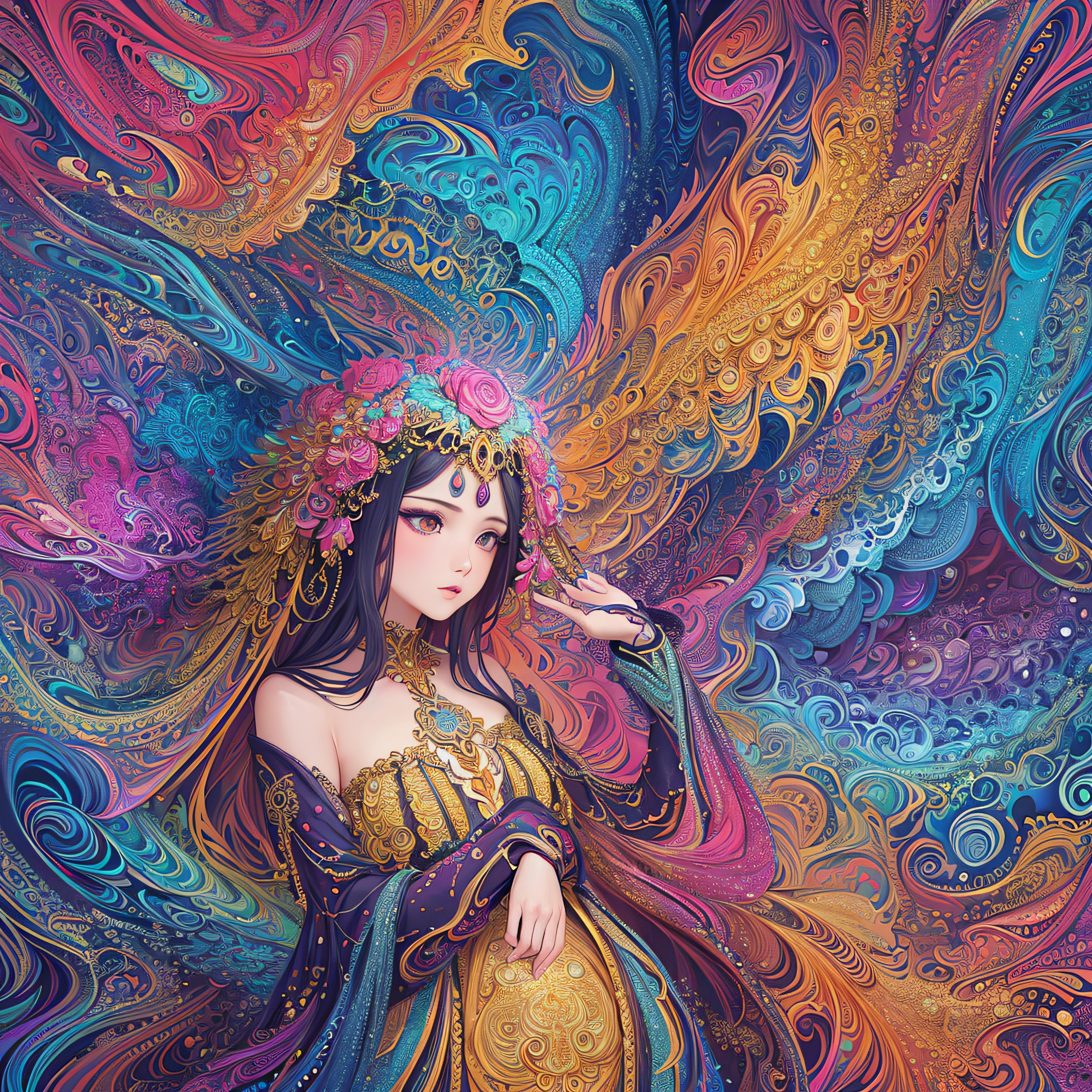 (masterpiece, top quality, best quality, official art, beautiful and aesthetic:1.2), (1girl:1.3), extremely detailed,(fractal art:1.2),colorful,highest detailed,(zentangle:1.2), (dynamic pose), (abstract background:1.5), (treditional dress:1.2), (shiny skin), (many colors:1.4), upper body