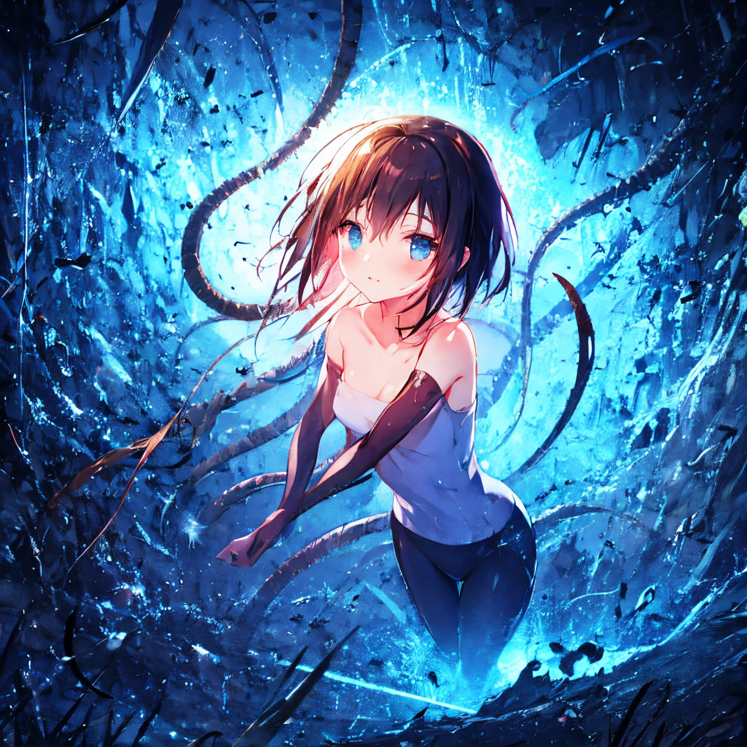 [Female Main Character[1 girl in, no smile, sparkling navy blue eyes, (black hair) , small stature, small breasts, loli, (masutepiece:1.2, Best Quality), (finely detailed beautiful eye: 1.2), (beautifull detailed face), (Best Illumination, extremely delicate and beautiful), long hair, collarbone, worn out tank top,]], [background [Deep in the expanses of the universe, The Dark God Awakens, Cthulhu, Ancient ones, With tentacles that make the heart tremble. A being with immeasurable power, Beyond human comprehension, Emerging from the abyss, The Ascension of the Universe. Imbued with grotesque forms and madness, Cthulhu, Great Old One, There is a planet in the middle, tentacles in universe, lovecraftian inspiration, Lovecraftian cosmic fear, lovecraftian hellscape, fantasy and cosmic horror movie, Lovecraftian atmosphere, lovecraftian, a planet in open space, ]]