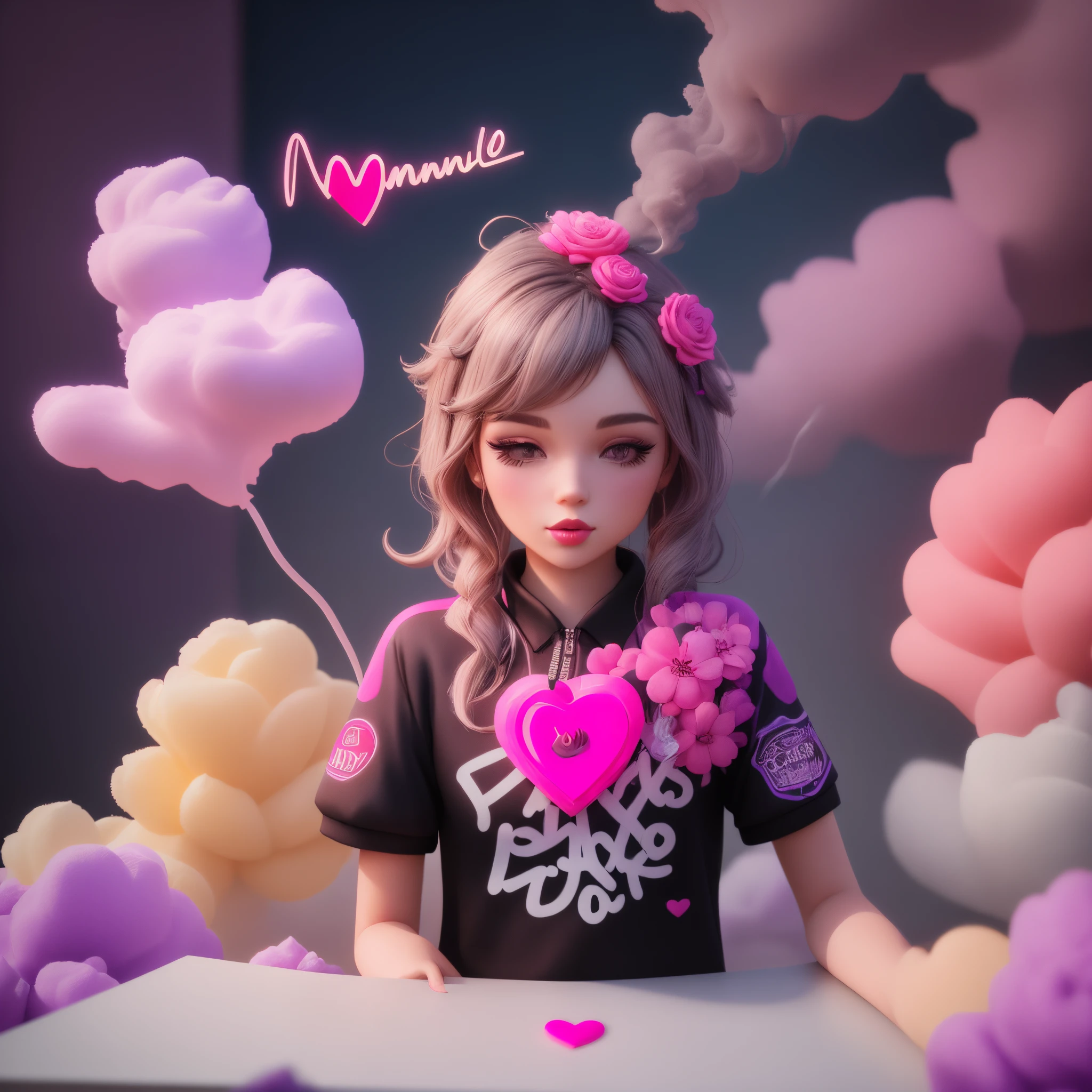 Name "Manuel" written on the background, small colorful touches of 3D paint and with colorful flowers and pink and purple smoke included. Everything in front with hearts in neon, 3D rendering