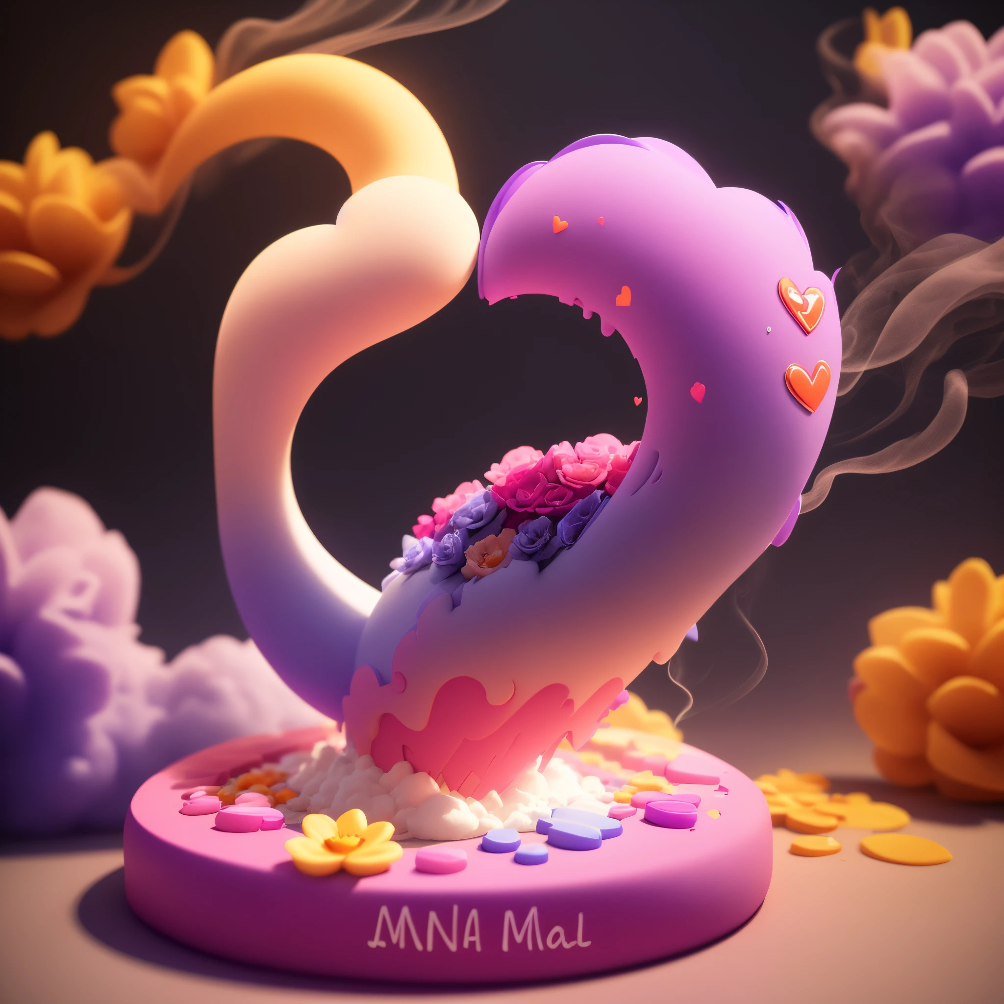 Name "Manuel" written on the background, small colorful touches of 3D paint and with colorful flowers and pink and purple smoke included. Everything in front with hearts in neon, 3D rendering