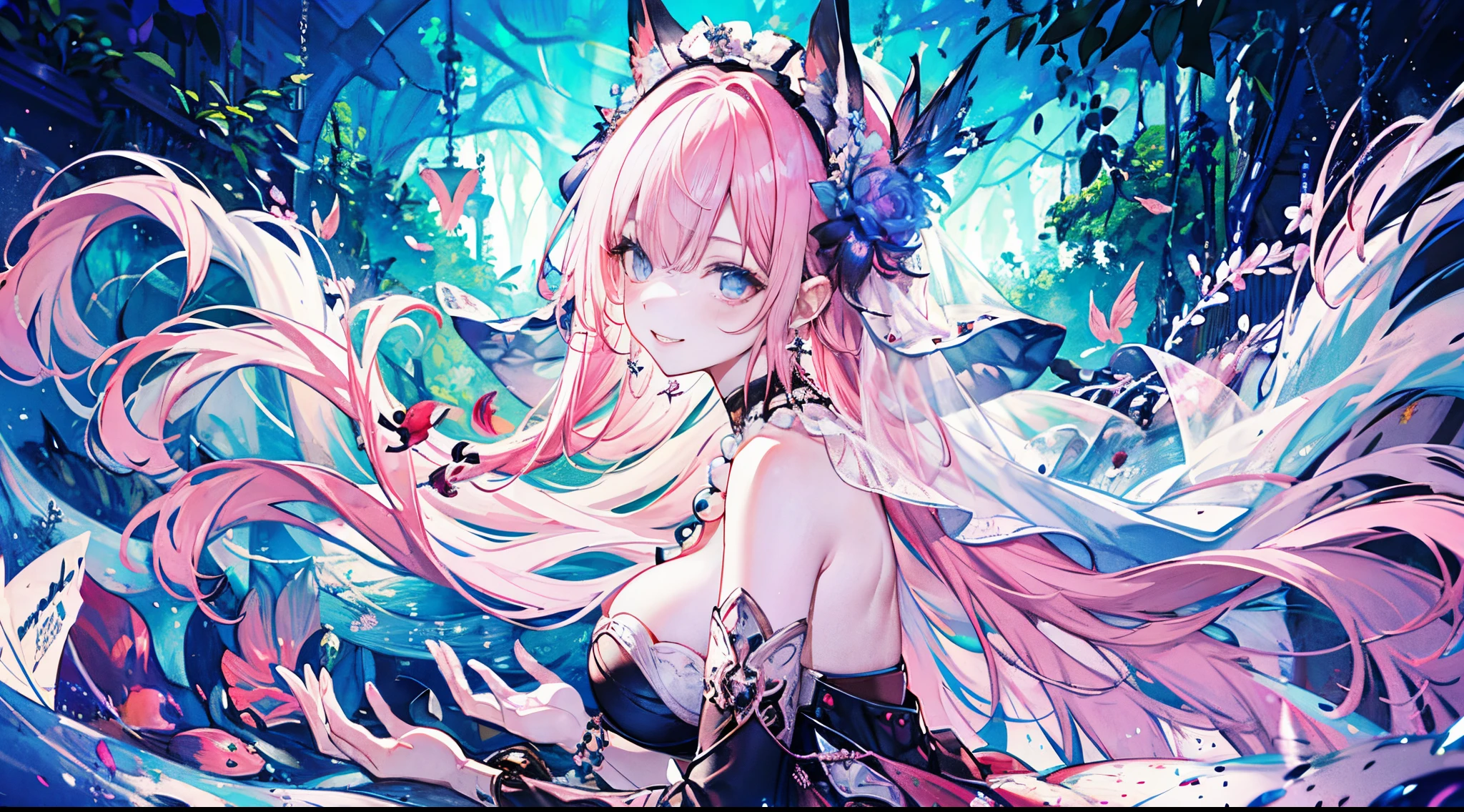 ((tmasterpiece:1.4,Best quality))+,(hyper-detailing)+,(Ultra-detailed eyes)+,(Fish ears:1.5),
(Cute girls),15year old,(Amber Eyes:1.15),Long pale pink hair,curlies,Bushy hair,red hairband(wariza:1.2),pale-skinned,blush and smile,blood stain
(She is wearing a classic white exotic dance outfit,Lilac pattern,Lots of fluff:1.5),(cyan feather hair accessories:1.4)Chain bracelet,pearls necklace,Black earrings,merfolk,The corals,Menghua,gem jewelry,Ocean of fish and trees,huge white ribbon,Conch headdress,White veil,shell headdress,fish flocks,Fishbone decoration,With your back to everyone,cropped shoulders
(Fishtail:1.1),
(dawn light:1.2),
(Thick black and white:1.16),(depth of fields:1.4)Complicated details,color mixing,Detailed route,Excellent,super detailing,The content is very detailed,(hight contrast:1.11),ventania,Amazing cleavage,beautidful eyes,messy hair,(best illuminate,Extremely Delicately Beautiful), ((movie light lighting)), (seen from the side:1.3),8K,tmasterpiece,Best quality,cinematic Film still from,1 plump girl,(Close-up cleavage:1.1),bright,cheerful,Interesting,gentlesoftlighting,(bauhause,shape,line engineering,Abstract:1.1)offcial art, Unity 8k壁纸, ultra - detailed, Beautiful and beautiful, tmasterpiece, Best quality, (dynamic angle:1.4),romantic depth of field exotic_dances,Perfect NwsjMajic,(tmasterpiece,top-quality,Best quality,offcial art,Beauty and aesthetics:1.2),The content is very detailed,rich colourful,highest details,