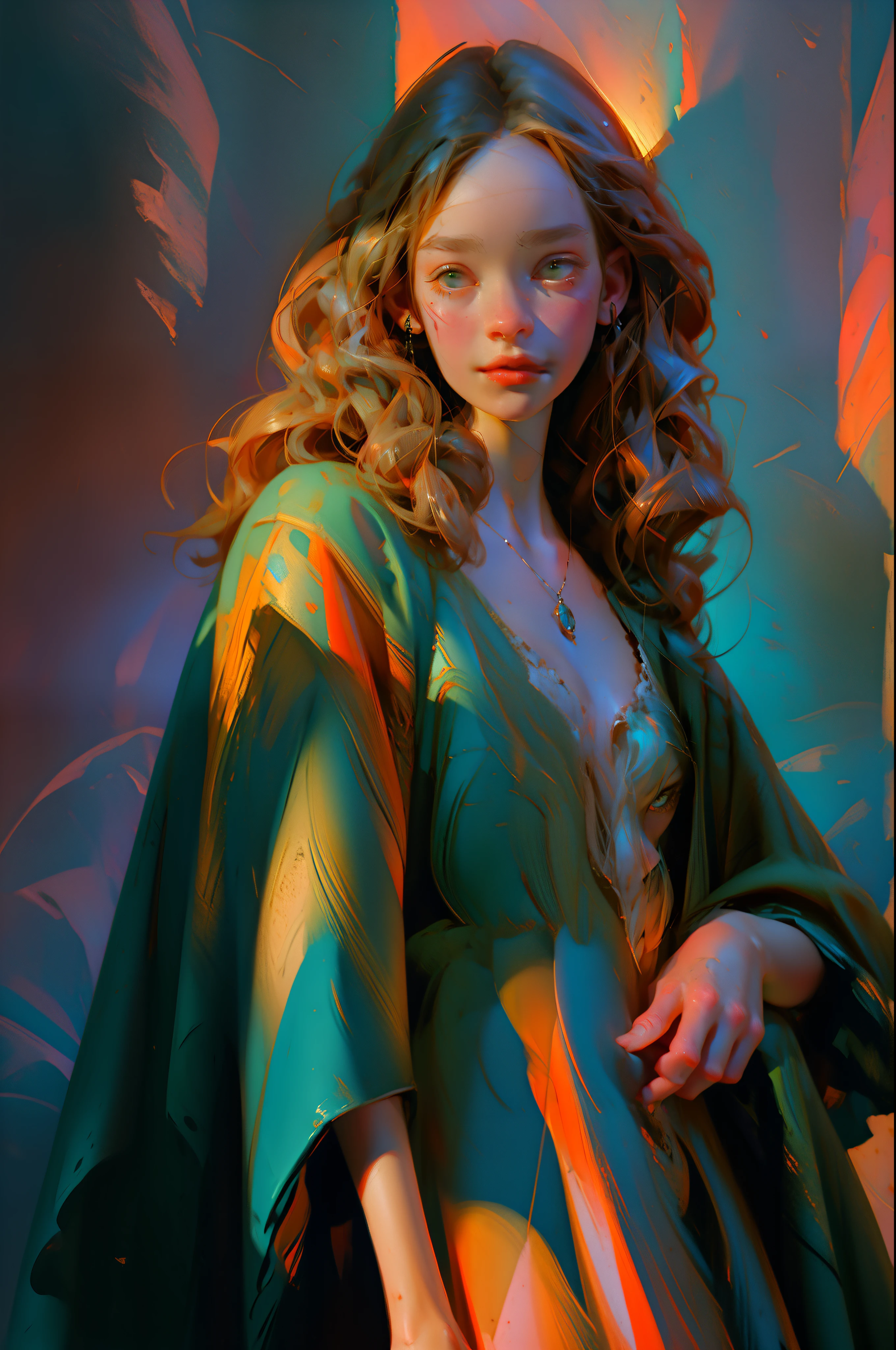 Image of a woman looking at the camera, leaning on her hand, smiling, wearing a beautiful green dress, with cleavage, sitting on a sofa, sensual painting, Beautiful expressive painting, Wadim Kashin. Ultra Photorealism, Louise Ross, Digital Painting Art, Perceptual Digital Painting, Stylish Digital Painting, Bonito Painting, Glossy Digital Painting, Beautiful Digital Painting, Digital Art Painting, Fine Paintings, Rough Strokes, Palette Knife, Impasto, Albrecht Dürer, Rembrandt, Baroque art, alla prima, sfumato, chiaroscuro, intense light, lamp,wlop