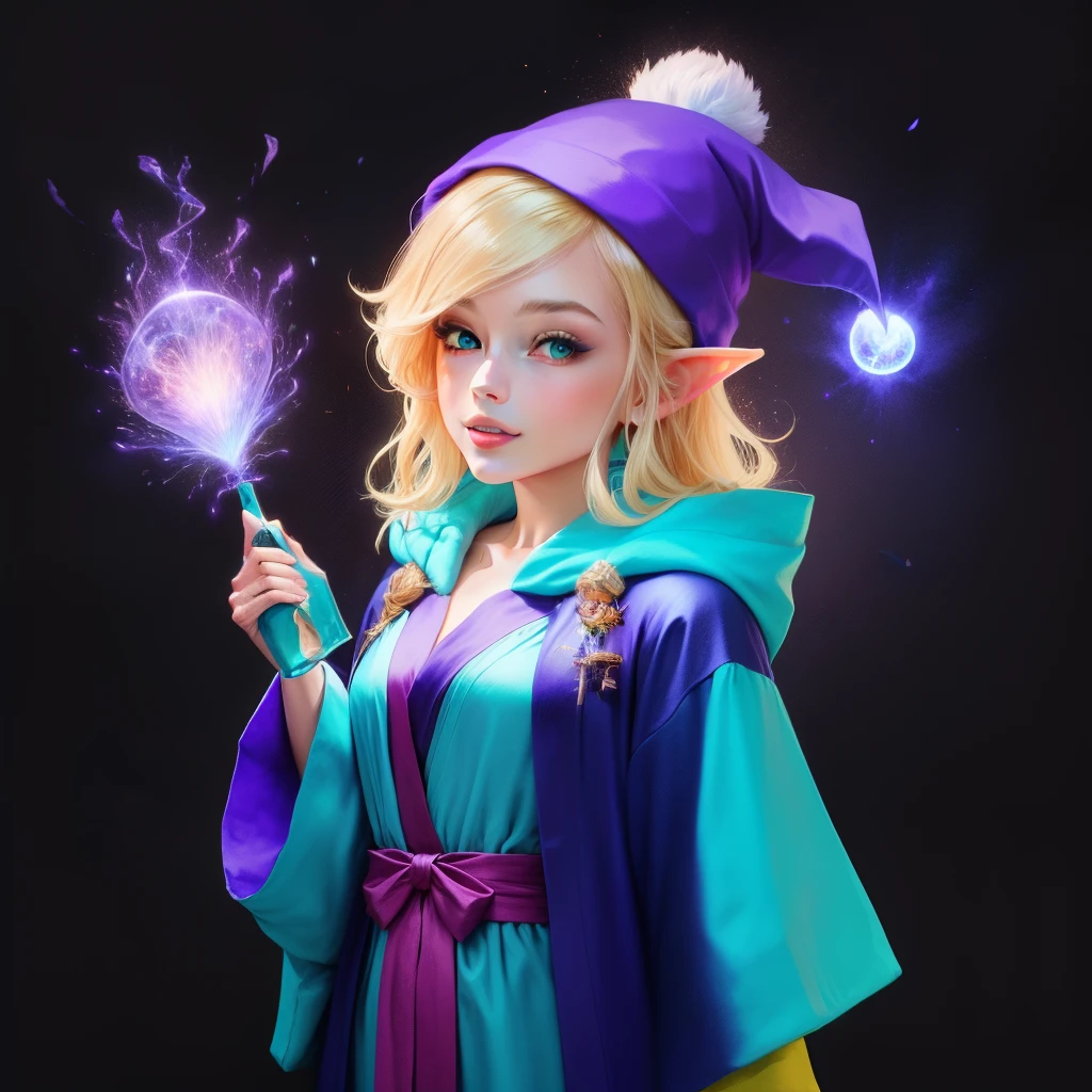 Blonde gnome with teal robe and purple magic sparks dressed conservative