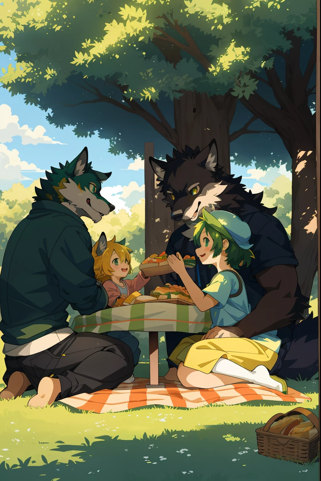 cover page, anime key visual, highres, top quality, best quality, paid reward available, High-quality illustrations, unparalleled masterpiece, perfect artwork, absurdres(heartwarming family picnic scene)(in lush green park)(kemono werewolf family with two parents of diverse descents and a child)perfect anatomy, sitting on a colorful blanket, parents smiling and taking out food from a picnic basket, child reaching for sandwich, cheerful and relaxed atmosphere, bright sunny day, trees in the background, fan-created work shared on platforms Pixiv or Twitter, cinematic lighting, dynamic angle,