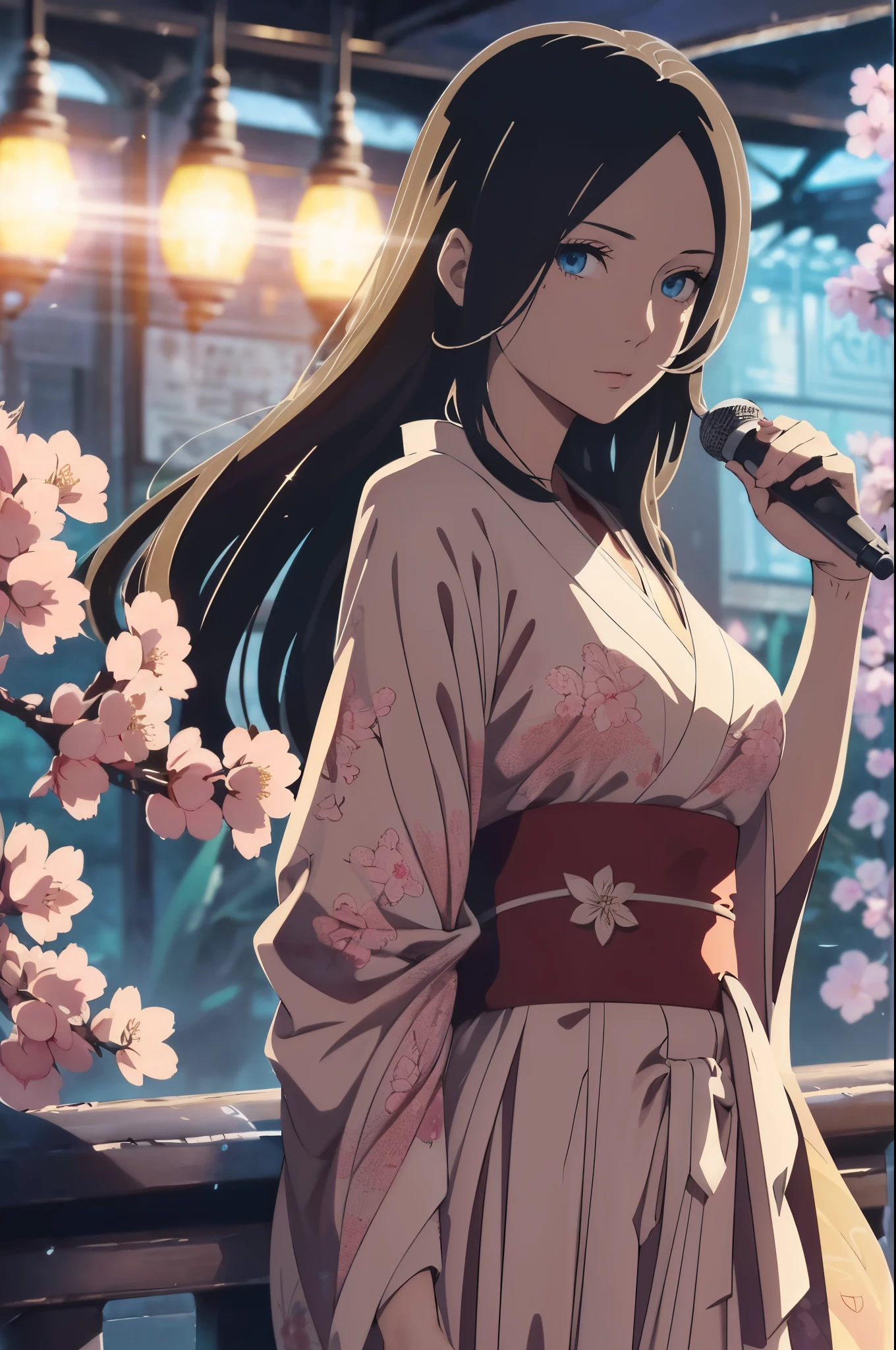 (Official art、Best Quality、Unity 8k Wallpapers、32K、masterpiece、ultra-detailliert、超A high resolution、Cherry blossom kimono、realisitic、Photorealsitic:1.2)、(Cinematic lighting:1.2)、Fireglow effect、film grains、Best Shadows、Rim lighting、side lights、sideshot、(Ultra-detailed and complex 3D rendering)、Detailed beautiful face and eyes、A slender、Medium bust、(Full body:1.2)、 Highly detailed background、beauitful face、blurry backround、16-year-old beautiful girl、surrounded by a crowd、insurrection