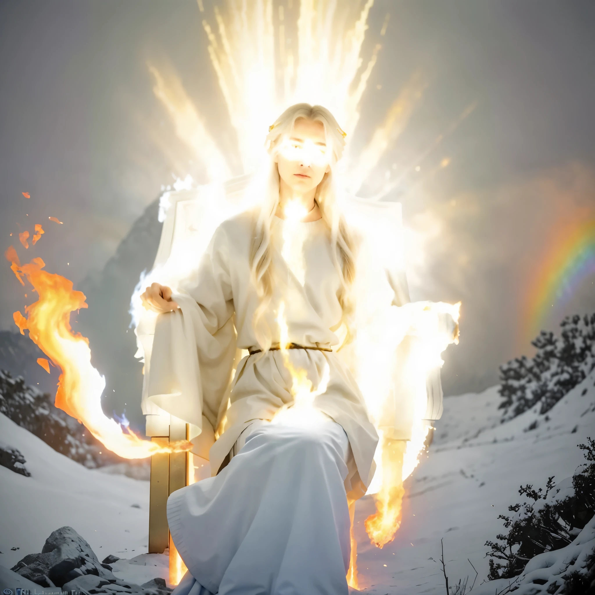 Above the expanse that was over their heads was what looked like a sapphire stone, and it resembled a throne. Sitting on the throne up above was someone whose appearance resembled that of a human. 27 I saw something glowing like electrum that was like a fire radiating from what appeared to be his waist and upward; and from his waist down, I saw something that resembled fire. There was a brilliance all around him 28 like that of a rainbow in a cloud on a rainy day. That was how the surrounding brilliant light appeared. His head and his hairs were white like wool, as white as snow; and his eyes were as a flame of fire;And his feet like unto fine brass, as if they burned in a furnace; and his voice as the sound of many waters.