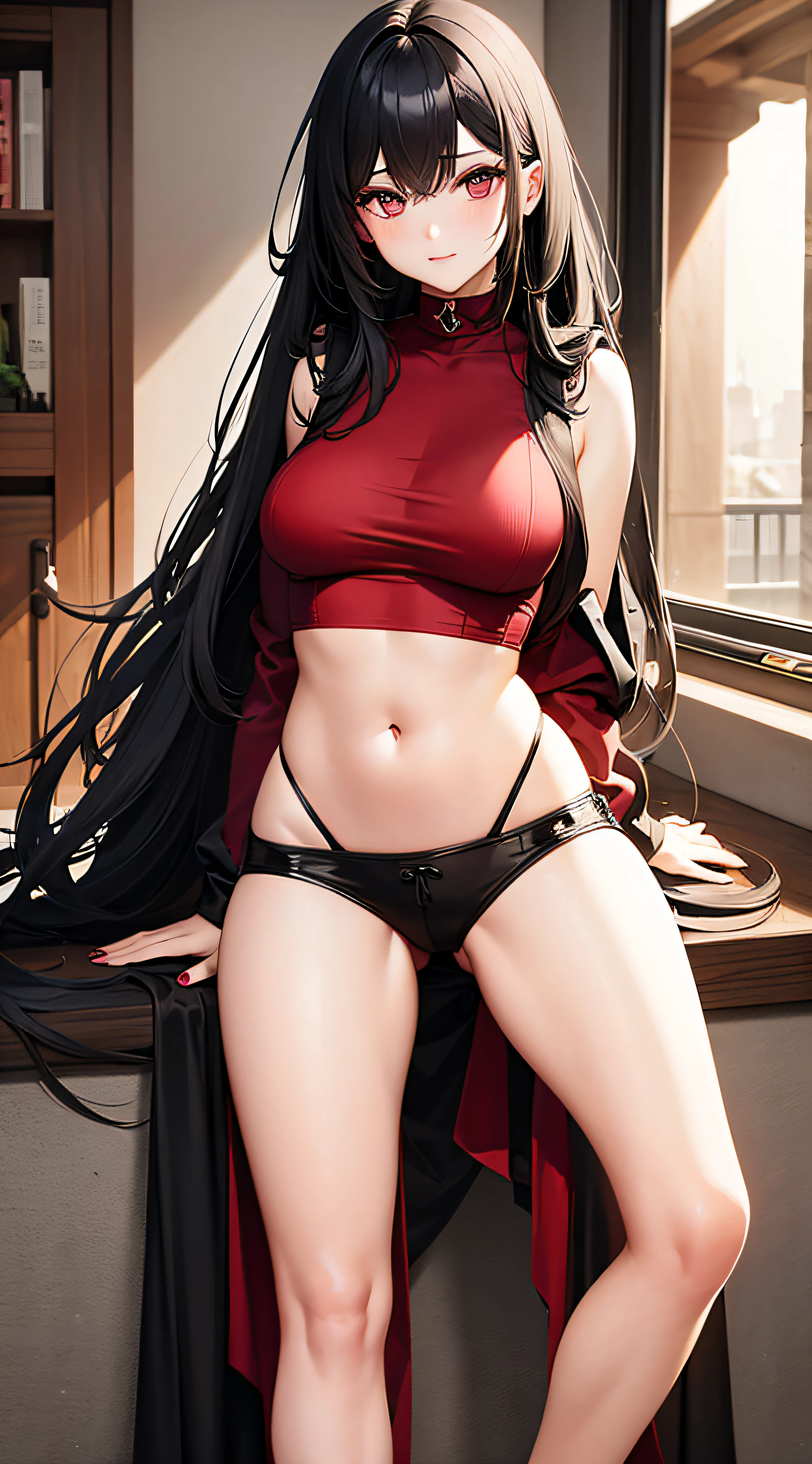 girl with black long hair and crimson eyes wearing casual revealing clothes which are erotic for looks