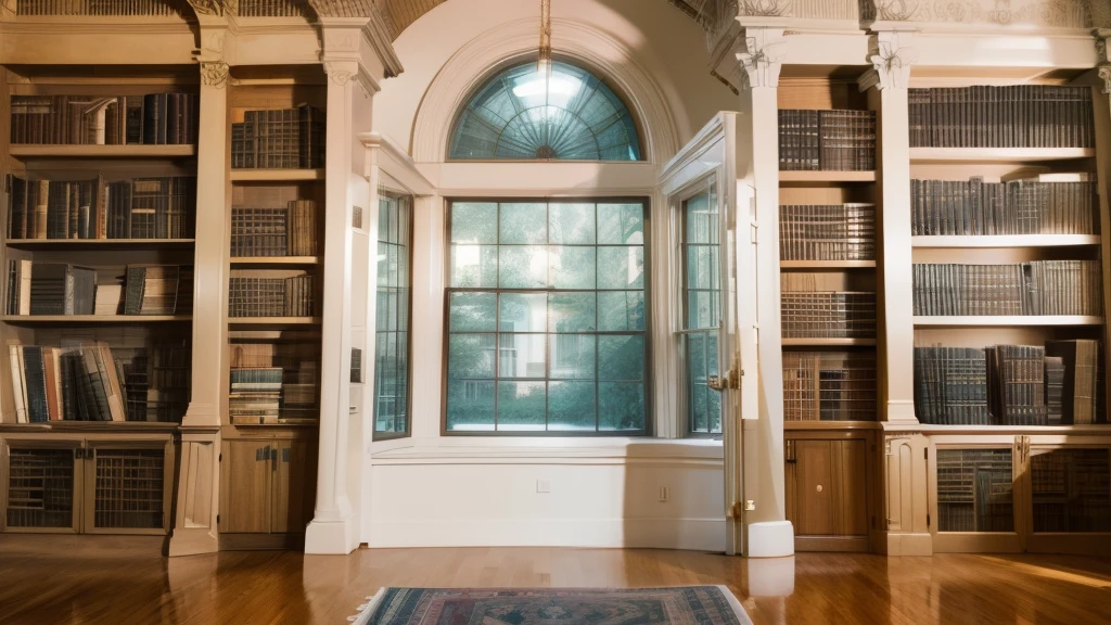 There is a wall full of bookshelves on the left.、There is a window on the right old american library Advanced photography methods With an anime-like touch
