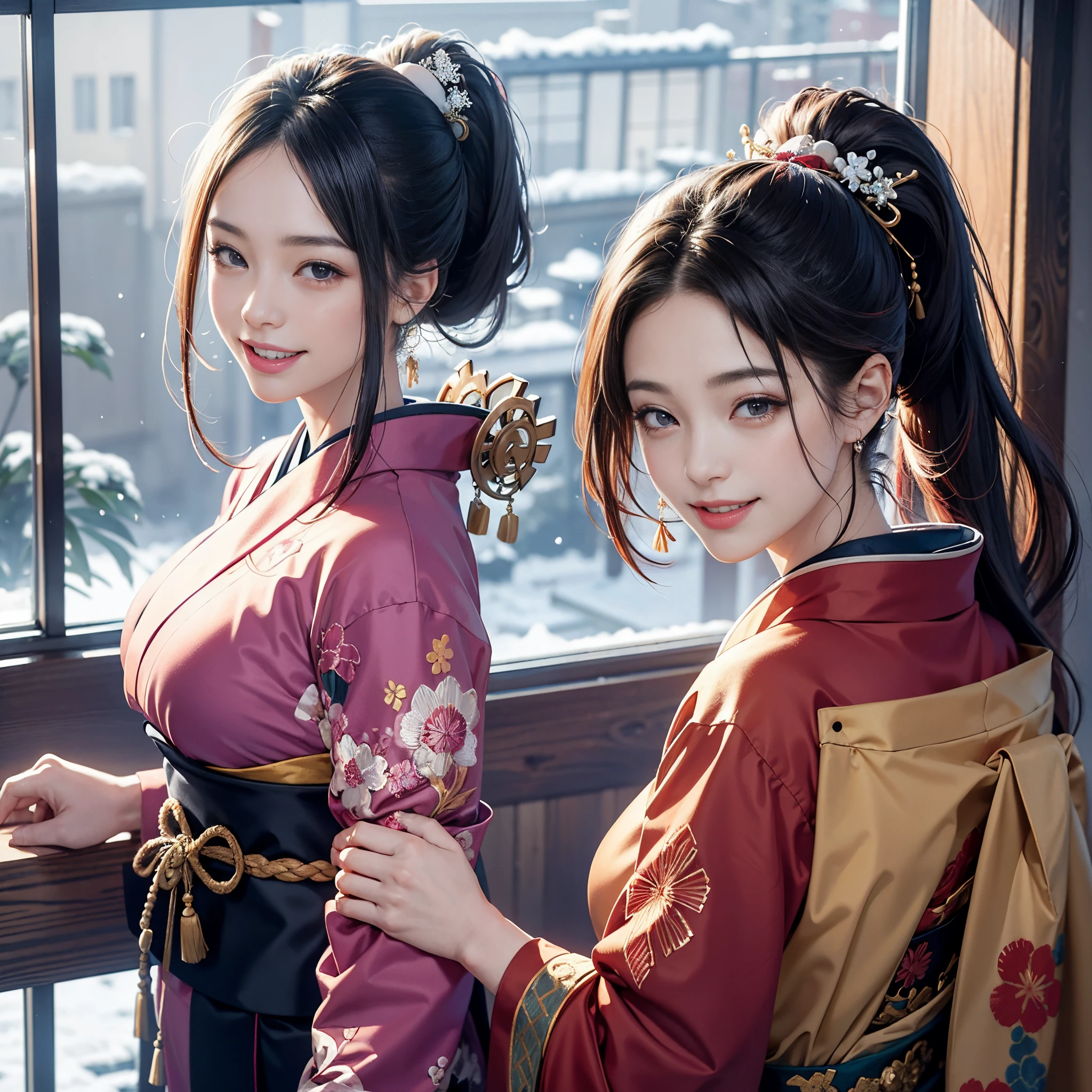 Background of details(Outside the window is the snowy city of Kyoto),BREAK ,elaborate costume(Luxurious Japan kimono(Colorful kimono(detailed embroidery))),BREAK,(one beautiful adult woman(huge smile:1.5)(Japanese actressl)(A dark-haired:1.2(long hair ponytail:1.2)(inner colored(reddish)))(eye glass)),(She has a beautiful hairpin),BREAK,Wallpapers 16K,Blur the background,)(masutepiece,Best Quality,Portrait photos):1.5),full body Esbian