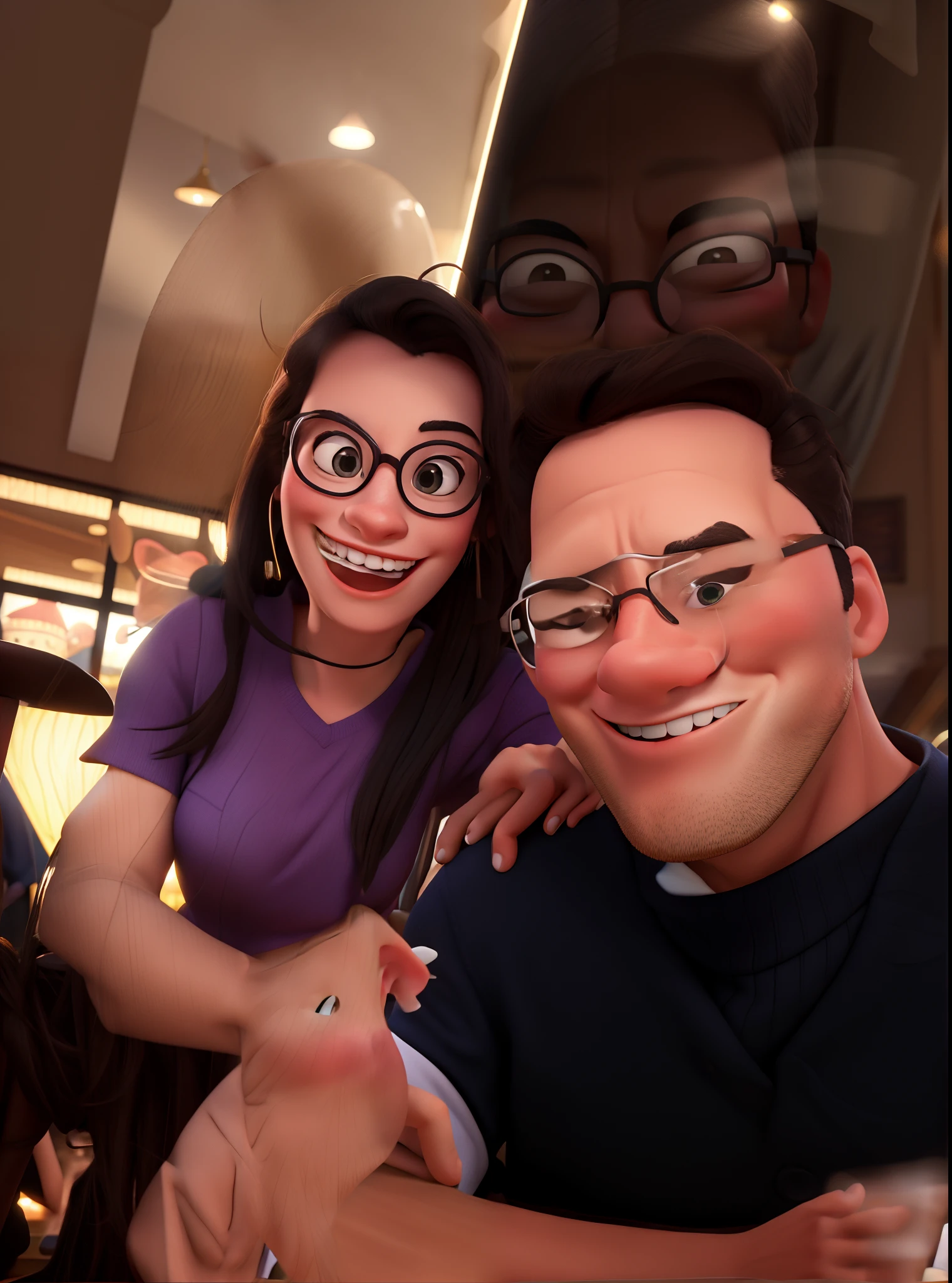 Disney Style Couple With Glasses Smiling In Restaurant.
