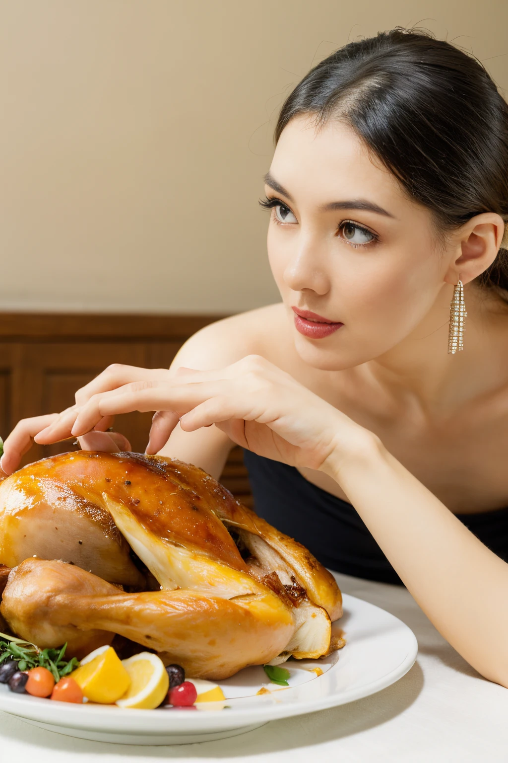 Beauty at the table，Close-up of turkey and other thanksgiving foods on table, Roast turkey, vacation,  ( hyper realisitc, turkey, [ photograph of-realistic ], victorian thanksgiving feast, [ Greg Rutkoski ], A fashion model, Pure and beautiful， Surreal, vacation, Be prepared，photore，4K Ultra HD, 超高分辨率, (realistically: 1.4), Best quality，tmasterpiece，（pastel colour：1.2）