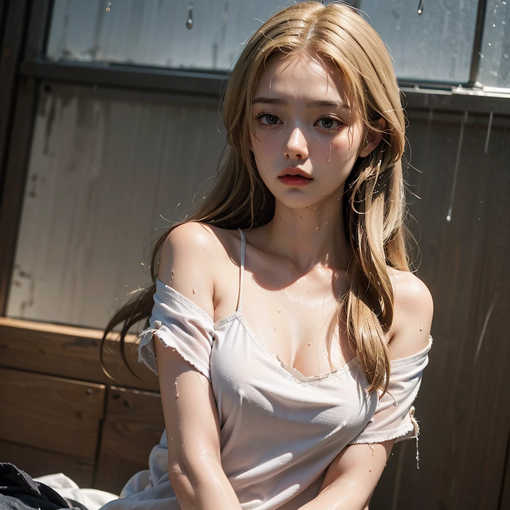 Best picture quality, masterpiece, ultra high resolution, photo, blonde girl, sadness,white shirt, Dim, dark, desperate, pitying, pitiful, cinematic, tear, teardrop, Torn clothes, Wet clothes, bare shoulders, Real rain, wet hair