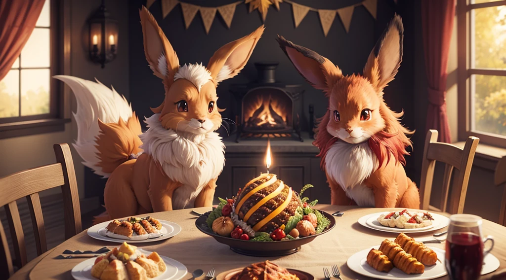 eevee and flareon from pokemon enjoying thanksgiving dinner, masterpiece, hd, best quality