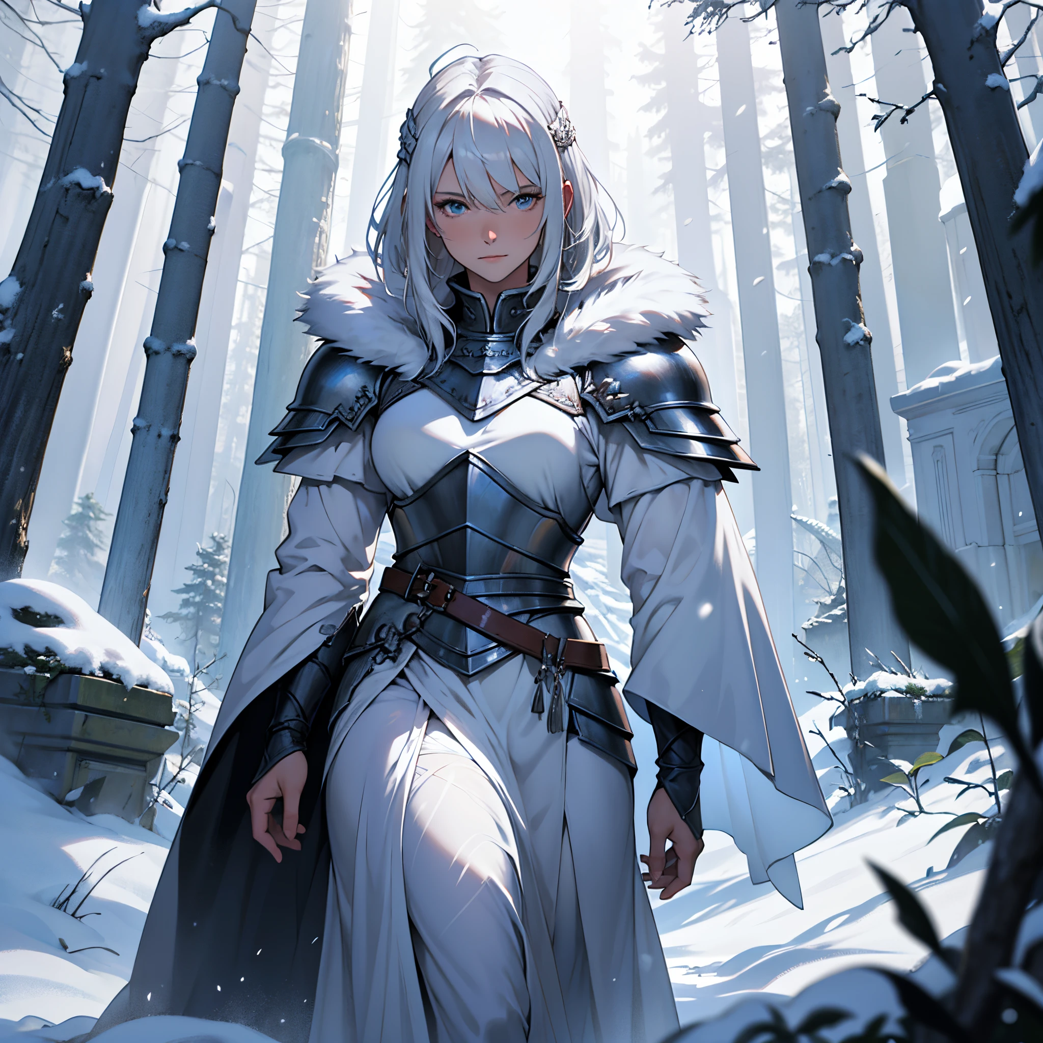 ​masterpiece, Best Quality, 4k, A white-haired middle-aged female knight wearing platinum armor., Fur Cloak, use ice magic, Ojo, Background with:Ruins in the forest in front of the snow-covered castle