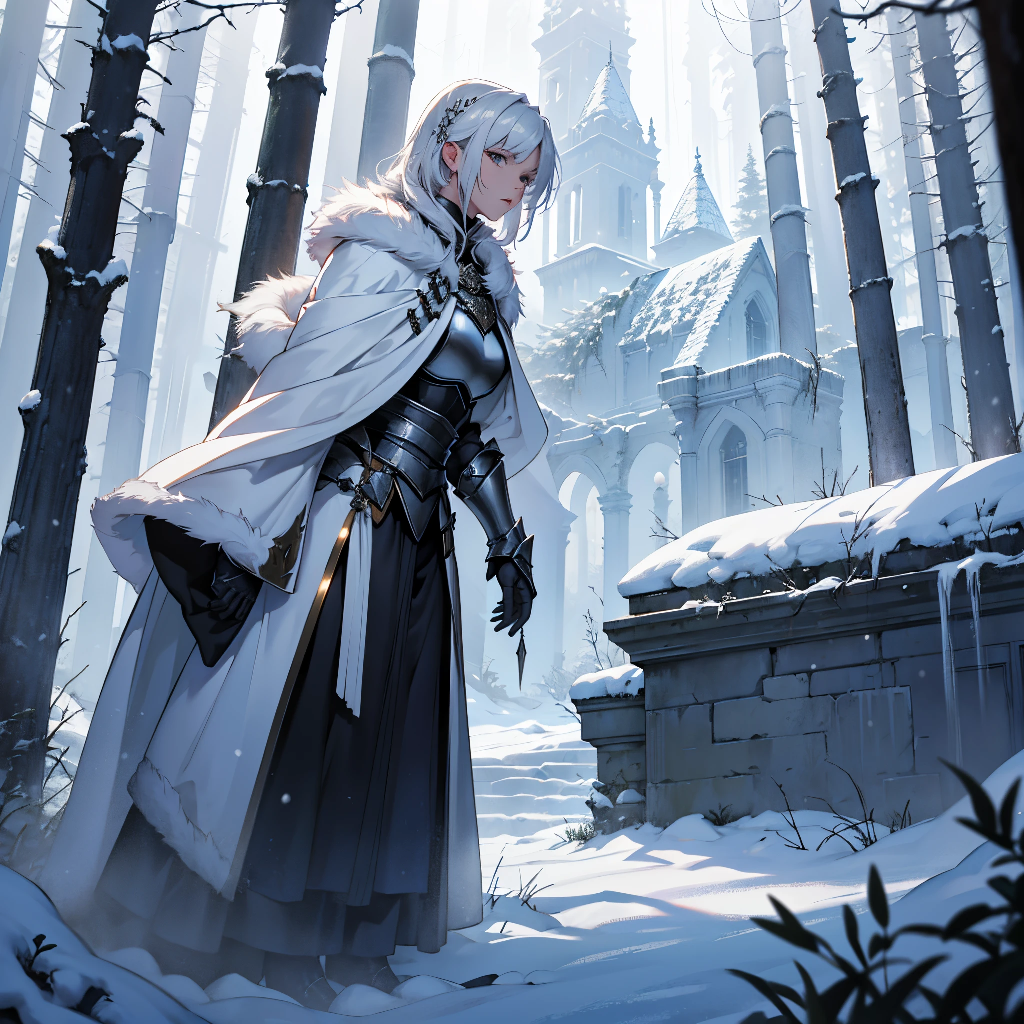 ​masterpiece, Best Quality, 4k, A white-haired middle-aged female knight wearing platinum armor., Fur Cloak, use ice magic, Ojo, Background with:Ruins in the forest in front of the snow-covered castle