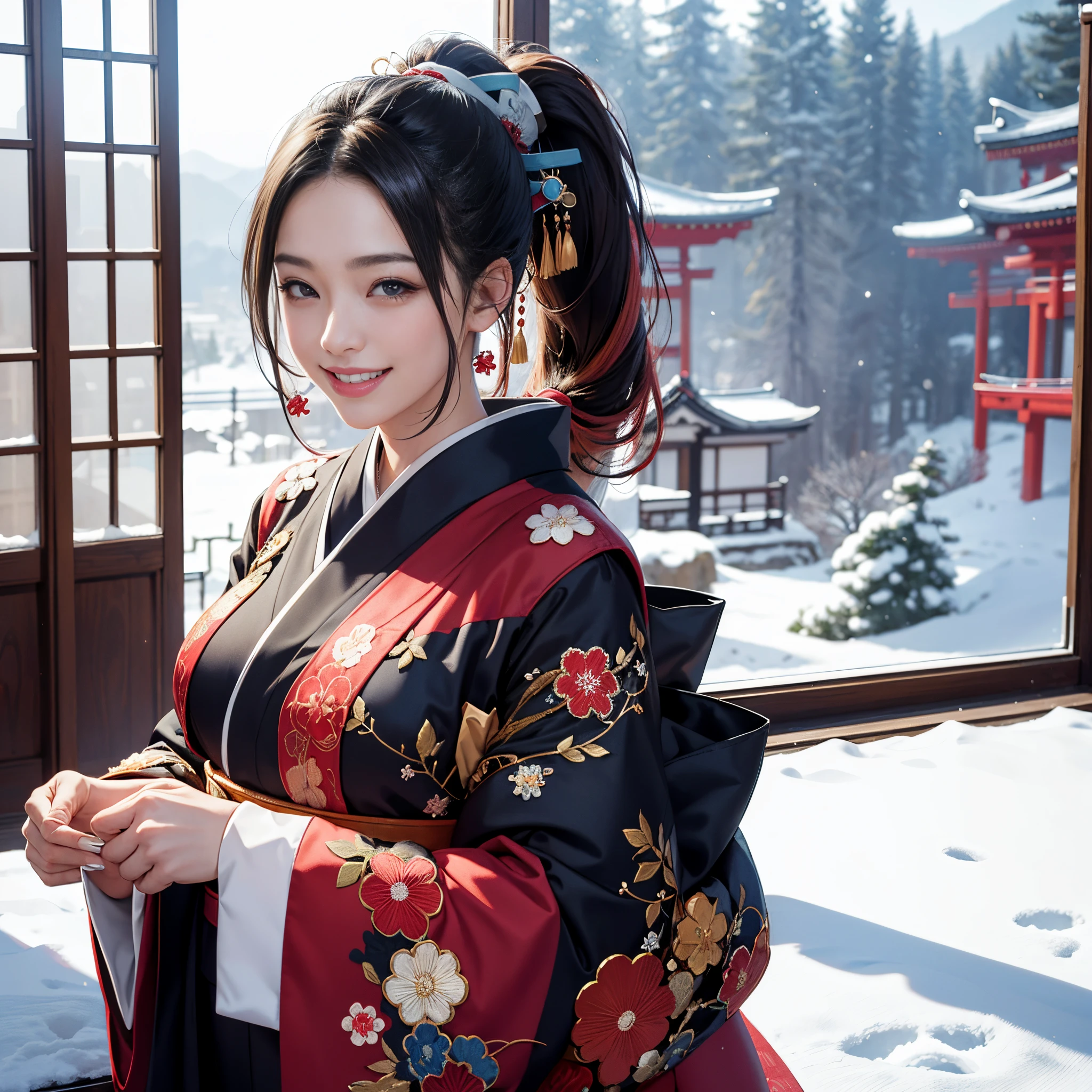 Background of details(Outside the window is the snowy city of Kyoto),BREAK ,elaborate costume(Luxurious Japan kimono(Colorful kimono(detailed embroidery))),BREAK,(one beautiful adult woman(huge smile:1.5)(Japanese actressl)(A dark-haired:1.2(long hair ponytail:1.2)(inner colored(reddish)))(eye glass)),(She has a beautiful hairpin),BREAK,Wallpapers 16K,Blur the background,)(masutepiece,Best Quality,Portrait photos):1.5),full body Esbian