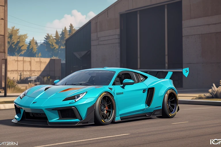 ((Supercar-forza horizon game ready design)), bubblegum blue paintwork, matte black racing alloys, large rear spoiler, wide body kit, custom design build, cinematic, wide angle, HDR studio light, tactical bodywork for supreme aerodynamics, crisp and sharp, 3ds max, maya, blender, cgsociety, behance contest winner, trending on artstation, racing exhaust system, abandoned streets surrounded by huge futuristic mega structures, post apocalyptic design, 4k wallpaper, Octane render, unreal engine, unity game design, Houdini VFX render, enhanced aerodynamics and stealth design aesthetic