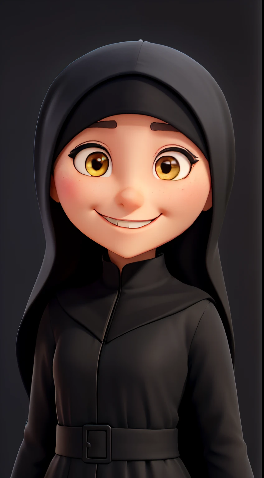 a girl smiling, black hijab, black abaya, face glowing, background is a marry go round, nighttime. tan skin, full face