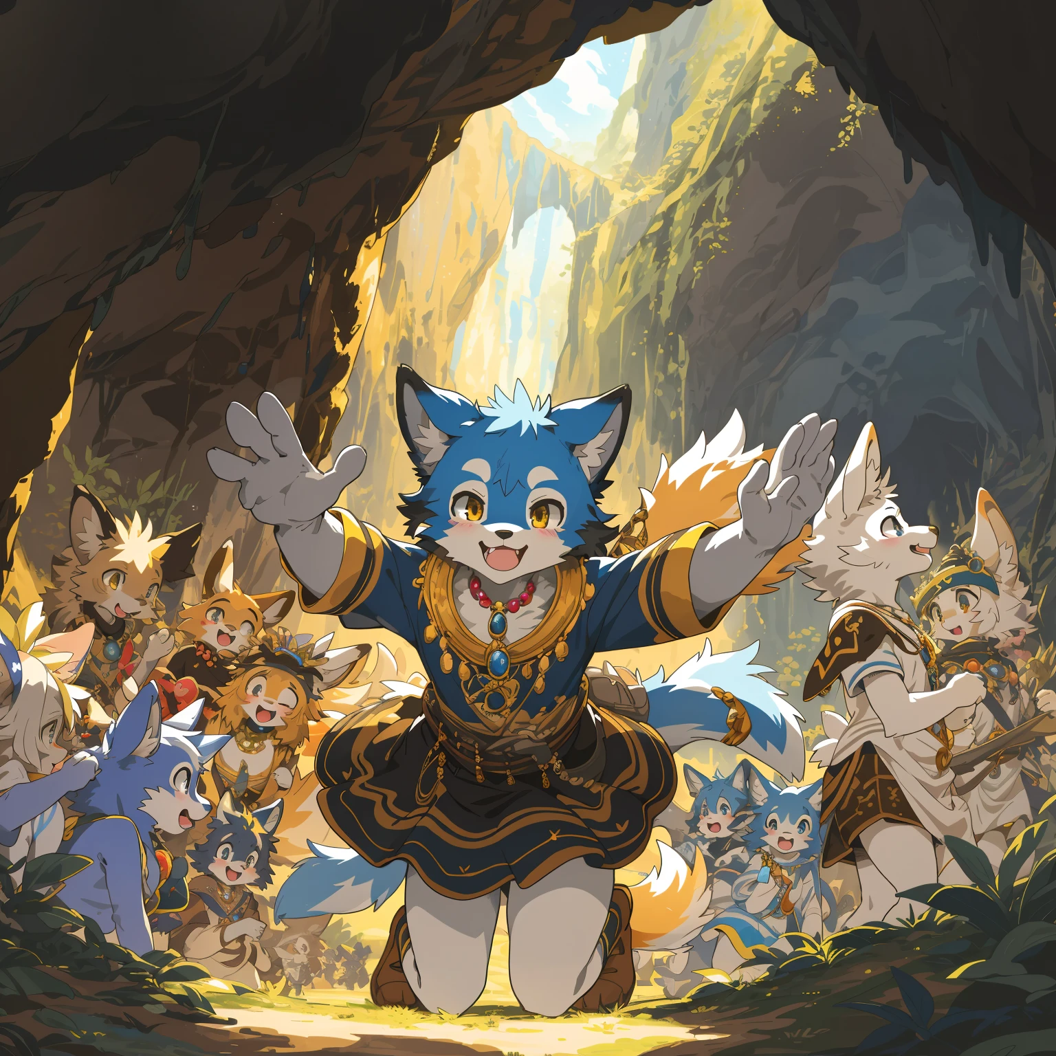 cover_page, highres, top quality, best quality, paid reward available, High-quality illustrations, unparalleled masterpiece, perfect artwork, absurdres, super high resolution, detailed background, A cave where jewels are clustered, 6+boys, 6+girls, Happy, joyful(Photos of solo travelers)(kemono, furry anthro),