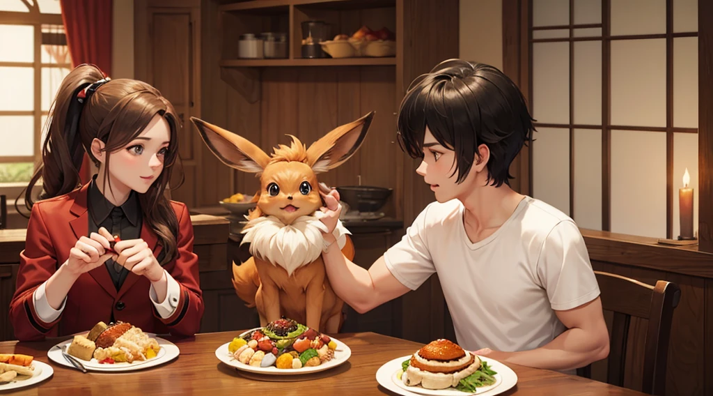 eevee and flareon from pokemon enjoying thanksgiving dinner, masterpiece, hd, best quality