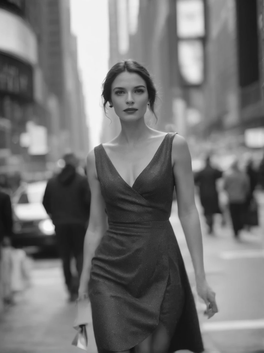 araffe woman walking down a busy city street in a dress, a black and white photo inspired by Peter Lindbergh, tumblr, digital art, in time square, standing in time square, street photo, 4x5 styled street photography, street photography style, shot with hasselblad, in times square, shot on hasselblad, street photograph, street photography, mesmerizing