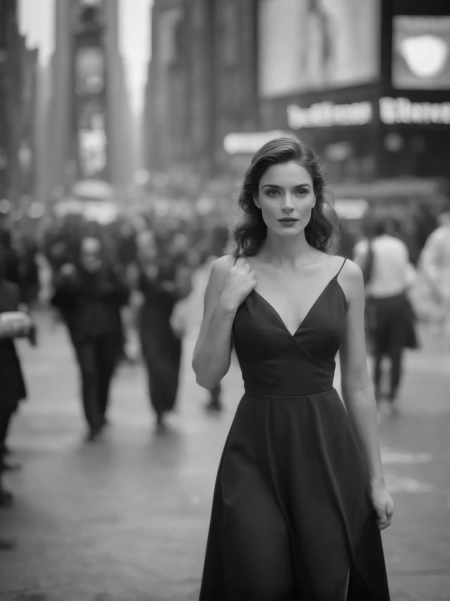 araffe woman walking down a busy city street in a dress, a black and white photo inspired by Peter Lindbergh, tumblr, digital art, in time square, standing in time square, street photo, 4x5 styled street photography, street photography style, shot with hasselblad, in times square, shot on hasselblad, street photograph, street photography, mesmerizing