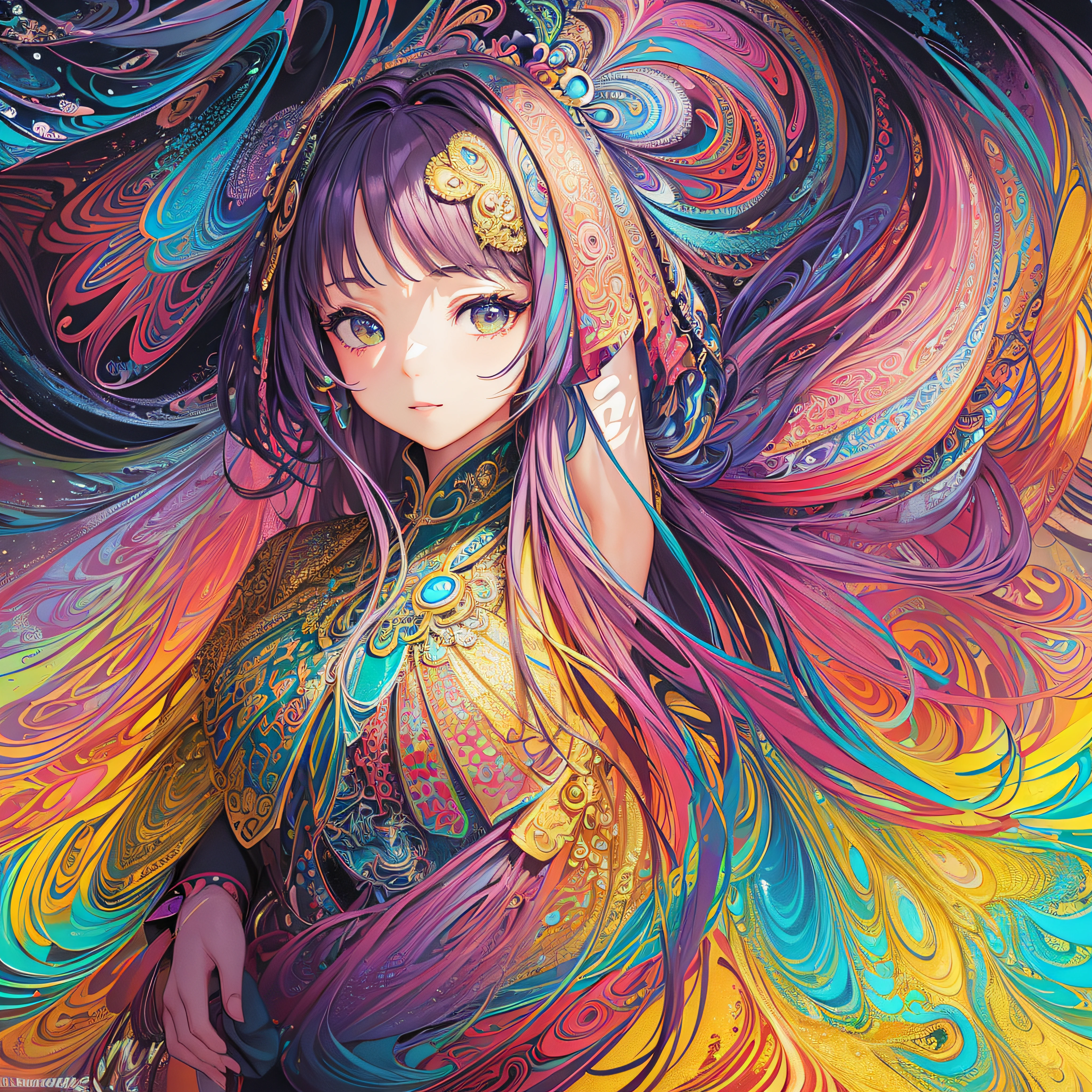 (masterpiece、top-quality、top-quality、Official Art、Beautifully Aesthetic:1.2)、Highly detailed fractal art、(colourfull:1.5)、highest details、Zentangle、a closeup、 (1girl in:1.5), 独奏, (dynamicposes), (abstract background:1.5), (shinny skin),